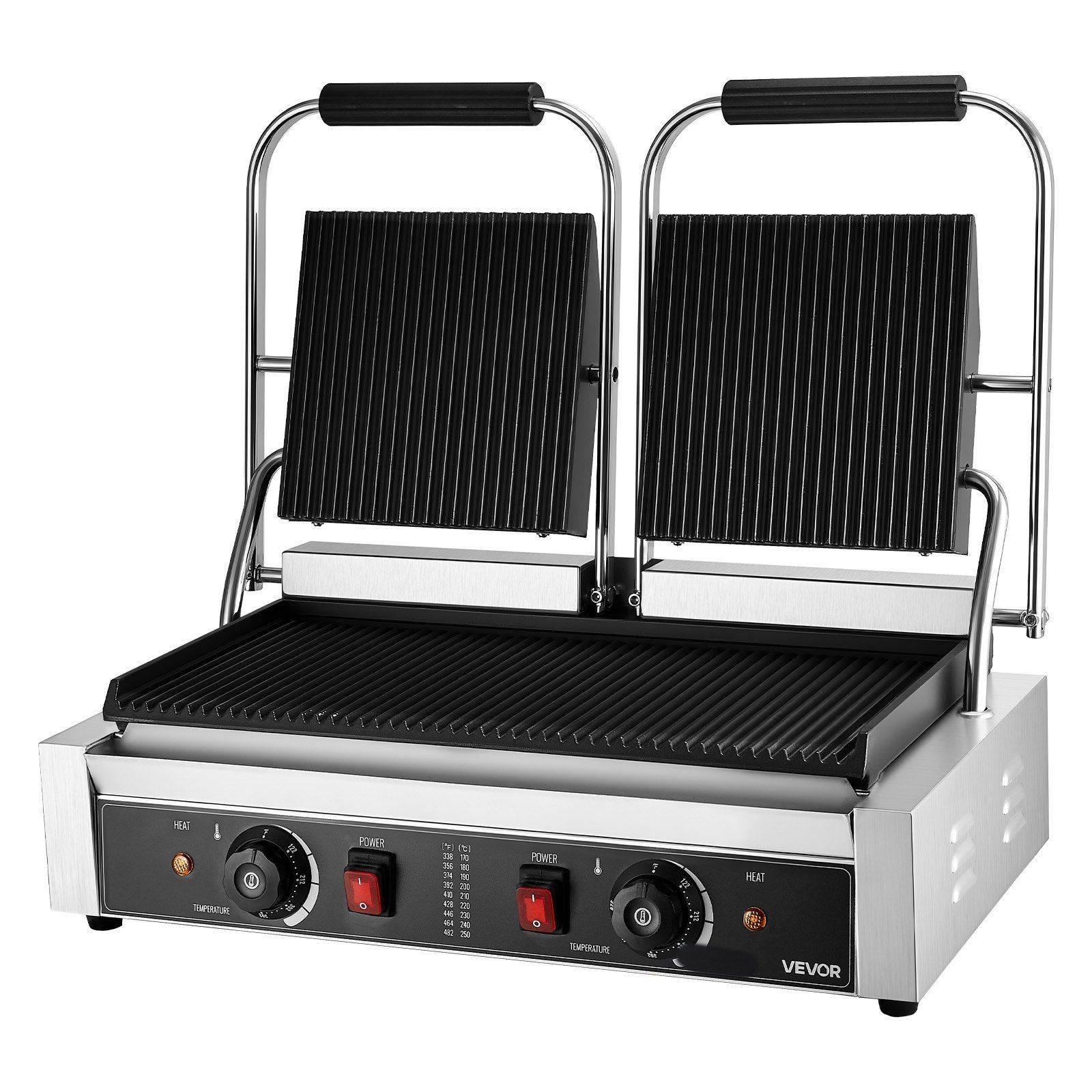 Gewerblicher Panini-grill 3600 W, Doppel-sandwichpresse Aus Edelstahl, Geriffelte Emailleplatten 48 X 23 Cm, Temperaturregelung, Für Steaks, Speck Und Burger