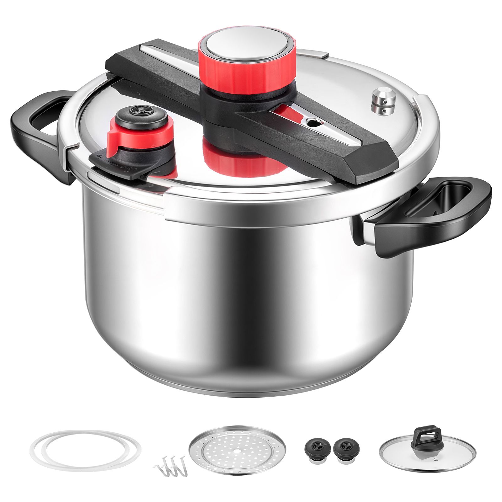 9-liter-schnellkochtopf Aus Edelstahl Mit Dampfeinsatz, Deckel Aus Gehärtetem Glas, 3 Druckeinstellungen (fleisch, Hülsenfrüchte, Reis, Suppen, Soßen) Bis Zu 100 Kpa.