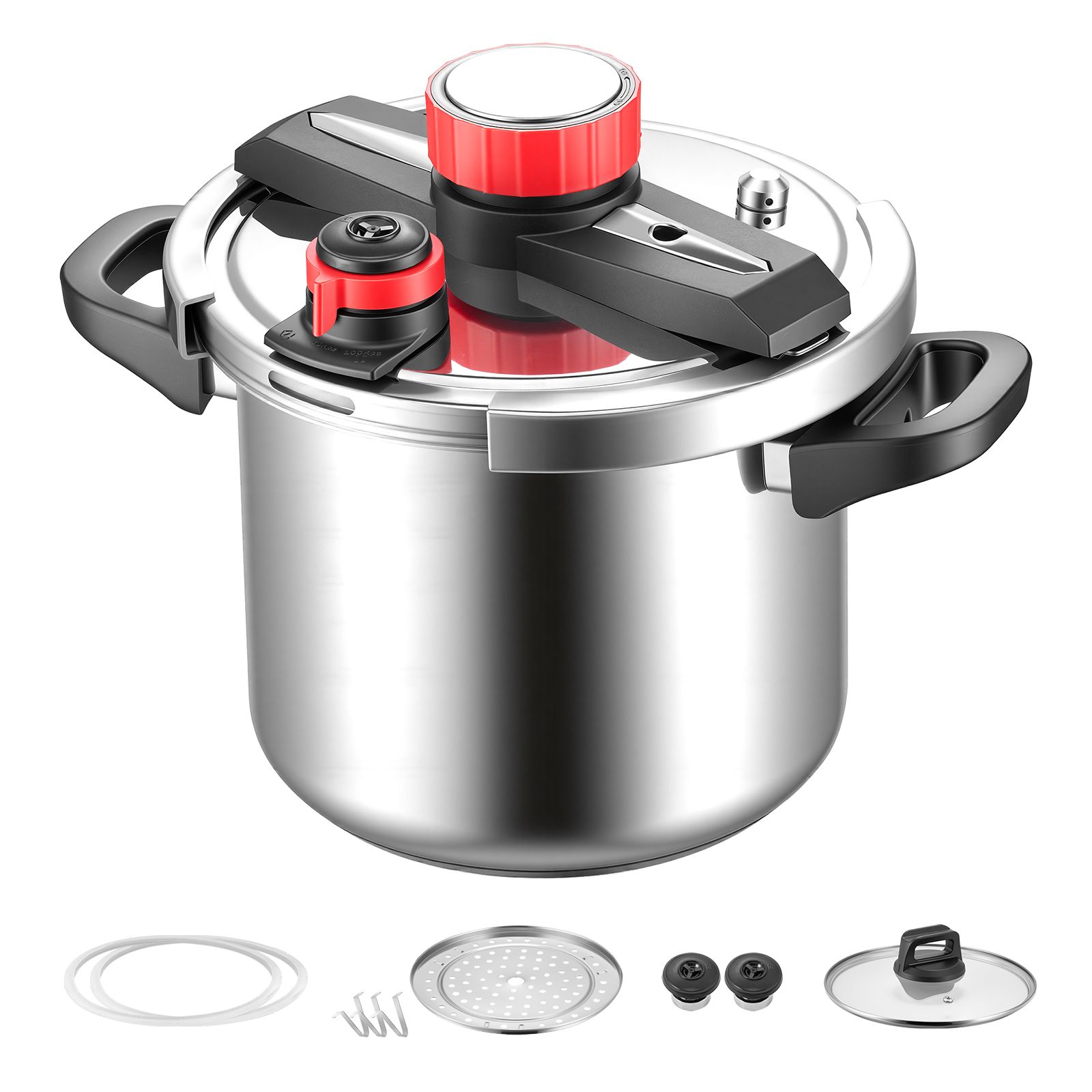 7-liter-edelstahl-schnellkochtopf Mit Dampfeinsatz Und Deckel Aus Gehärtetem Glas. 3 Druckstufen (fleisch, Hülsenfrüchte, Reis, Suppe, Soßen) Bis Zu 100 Kpa.