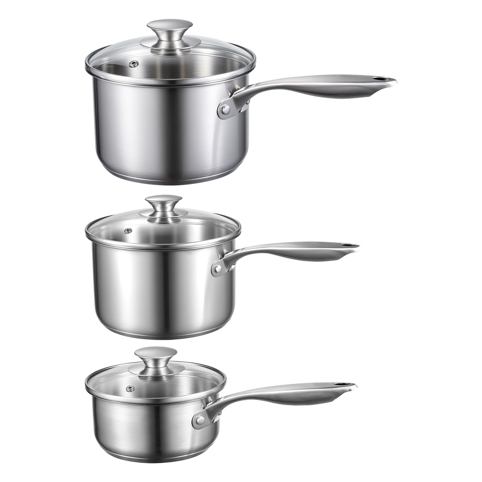 Edelstahl-kochtopf-set, 3-teilig (1l, 2l, 3l) Mit Glasdeckeln, Ergonomischem Griff, Ofen-, Spülmaschinen- Und Induktionsgeeignet.