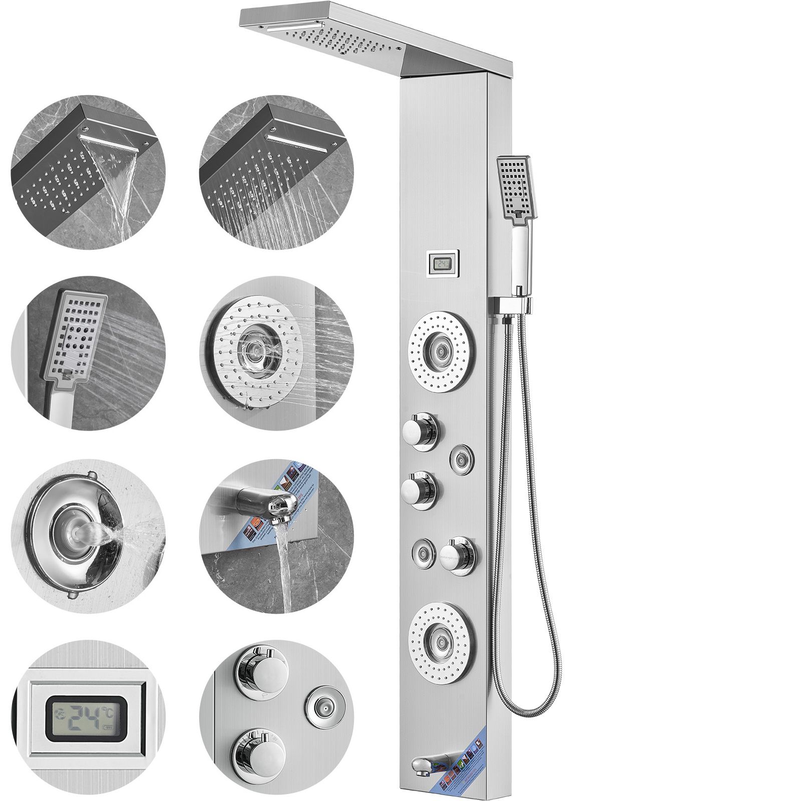 Duschsäule Aus Edelstahl, 6 Strahlarten, Led-anzeige, Regendusche, Wasserfalldusche, 4 Massagedüsen, Badewannenarmatur, 150 Cm Flexibler Duschkopf, Wandmontage