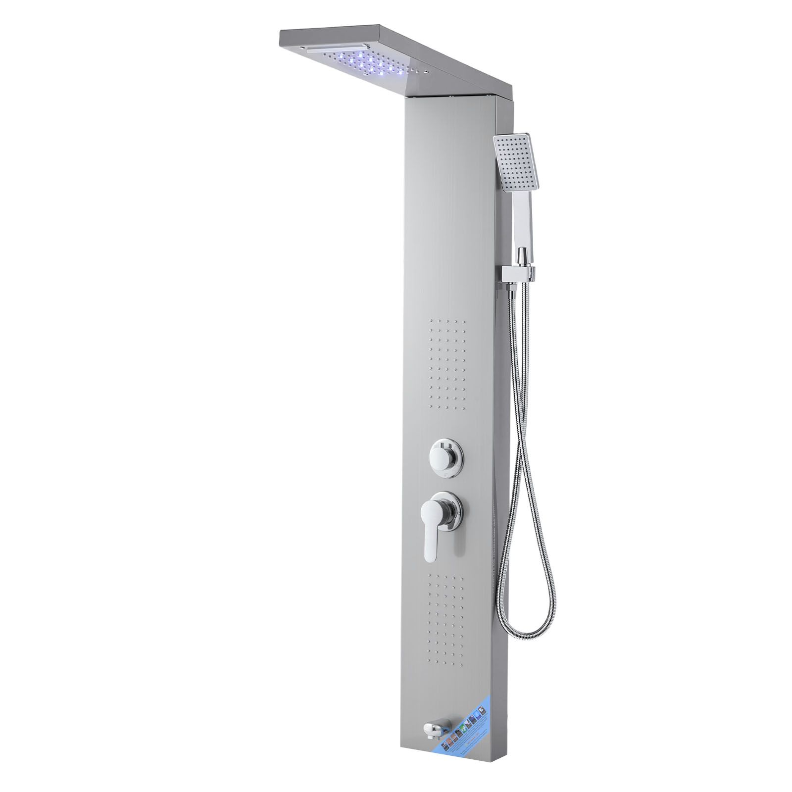 53 Zoll Hohe Duschsäule Aus Gebürstetem Edelstahl, Mit Wasserfall-regenkopf, Led-beleuchtung, 5-funktions-armatur, Handbrause Und Badewannenauslauf, Zur Wandmontage.