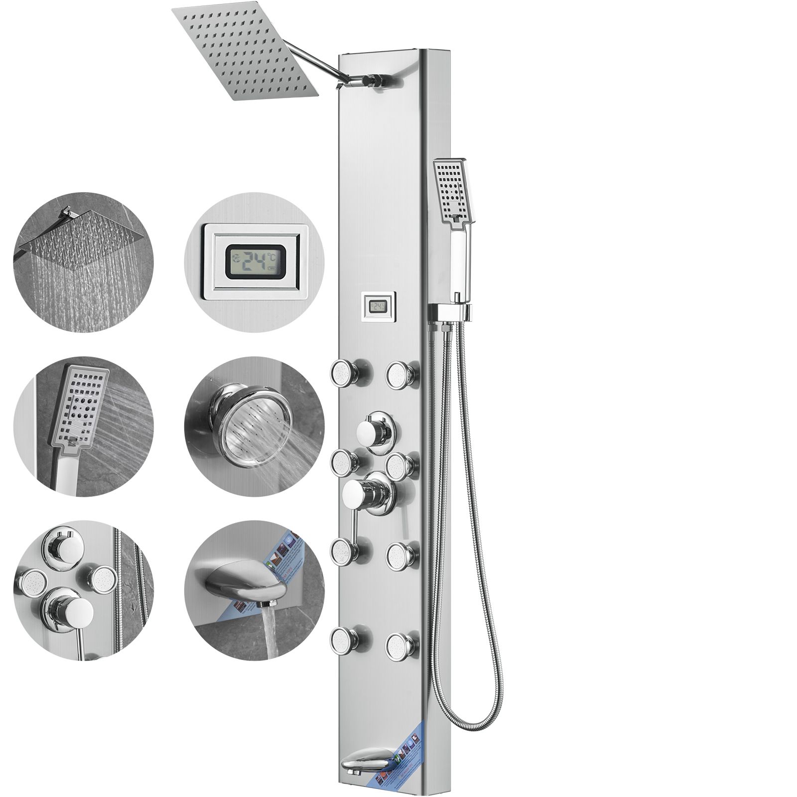 Duschpaneel Mit Digitalanzeige, 6 Modi, Regendusche, 8 Massagedüsen, Mischbatterie, 3-stufige Handbrause, 150 Cm Schlauch, Edelstahl, Wandmontage