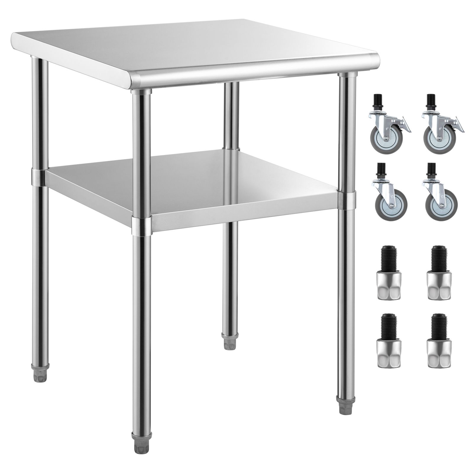 Vorbereitungstisch Aus Edelstahl, 61 X 61 X 91 Cm, Tragkraft 272 Kg, Arbeitsplatte Mit Verstellbarem Regal Und Universalrollen, Für Küche, Garage Und Garten