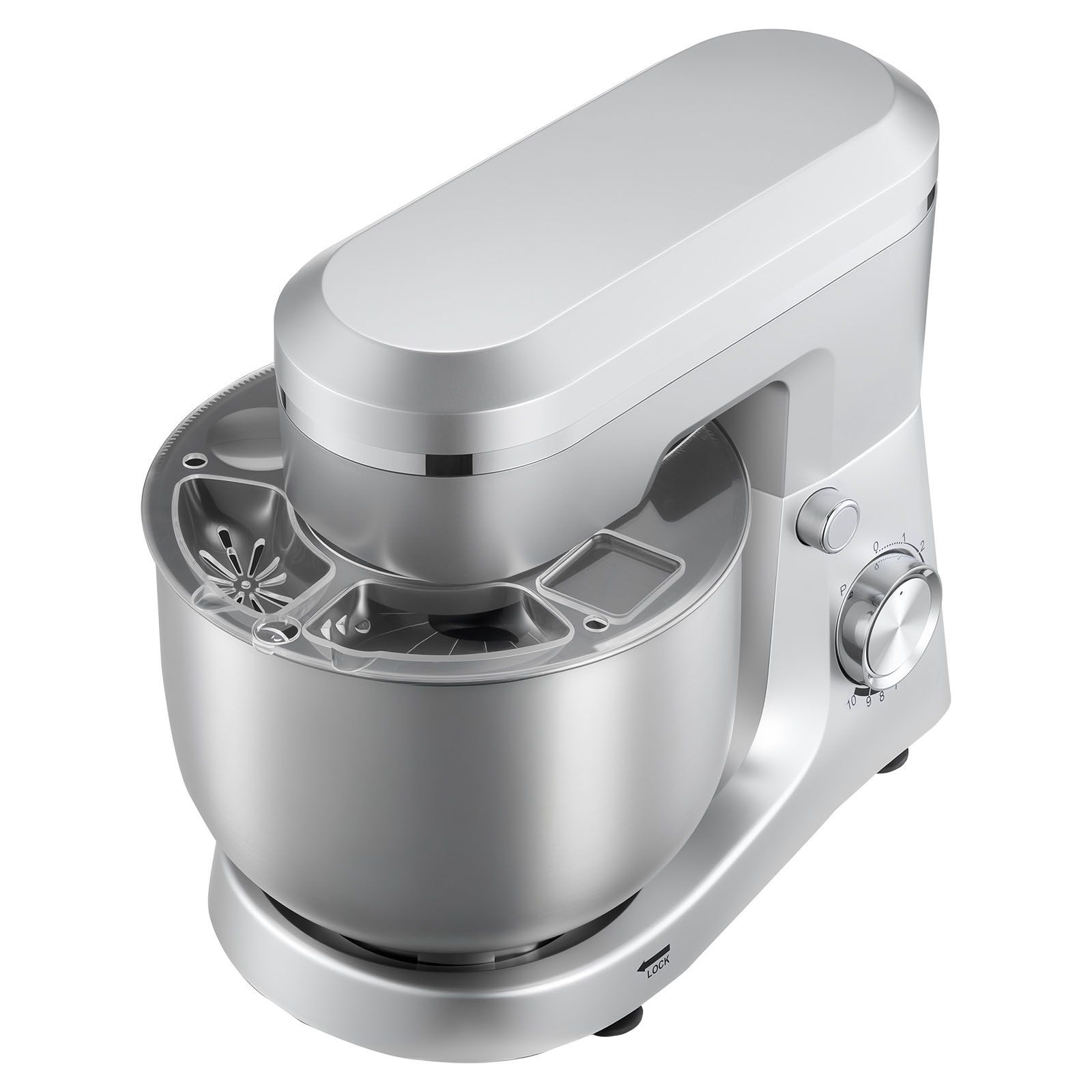 Küchenmaschine Mit 5,7 L Fassungsvermögen, 1500 W Leistung, 10 Geschwindigkeitsstufen, Edelstahlschüssel, Knethaken, Schneebesen, Rührbesen, Zum Kneten, Mischen, Schlagen Und Backen, Silberfarben.