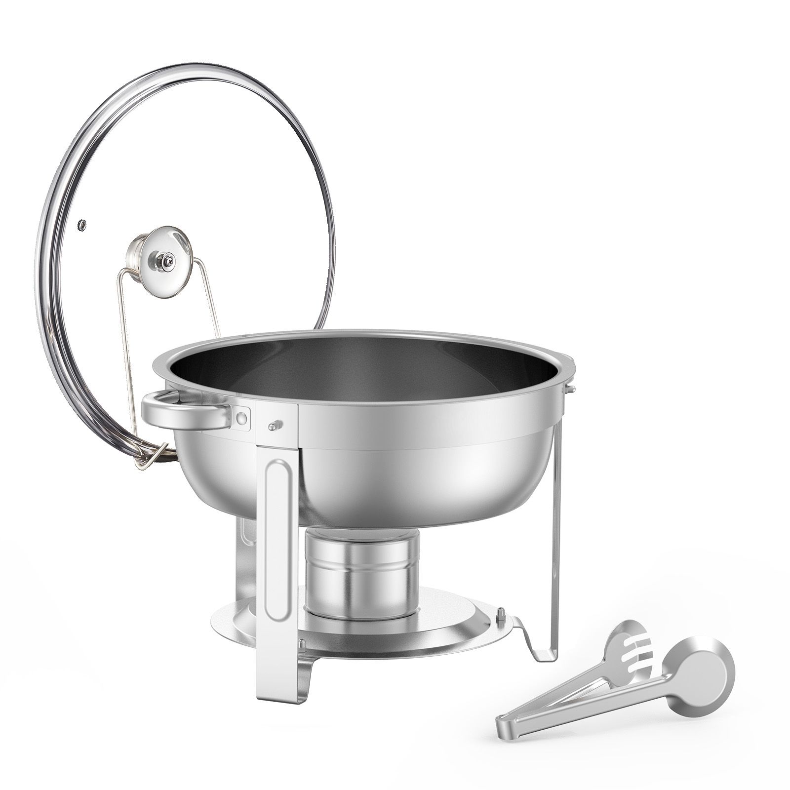 X 5-liter-buffet-speisenwärmer Aus Edelstahl Mit 2 Runden Schalen, Glasdeckel, Klappständer Und Feuerzeughalter, Für Hochzeiten Und Empfänge, Silber