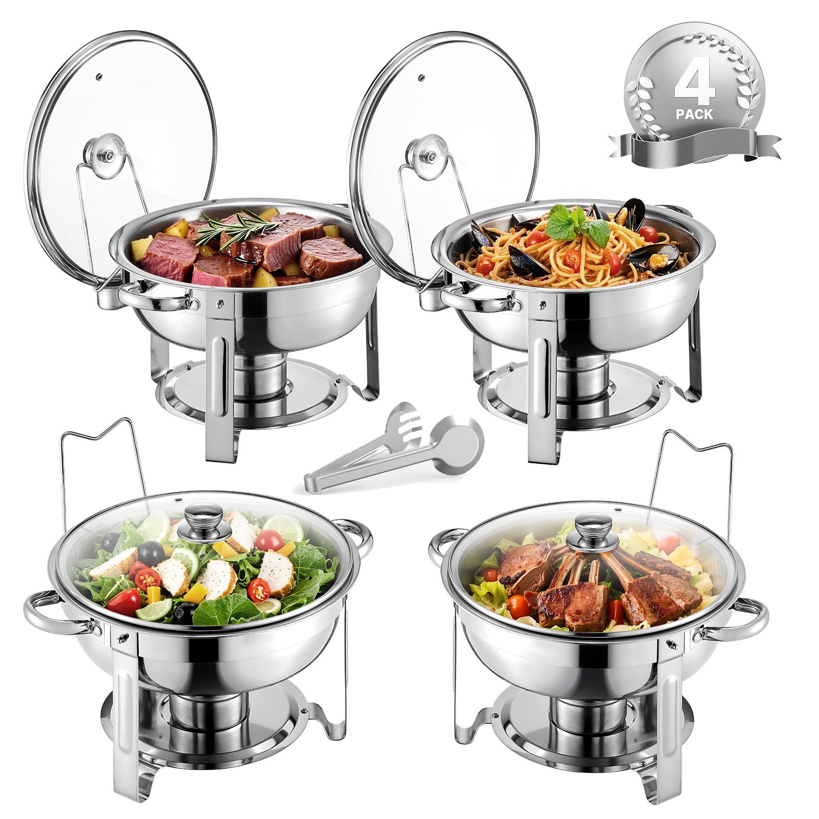 5-quart-buffet-speisenwärmer, 4er-set, Edelstahl Mit 4 Kompletten Schüsseln, Runder Servierwärmer Mit Glasdeckel, Klappständer Und Brennstoffhalter, Für Hochzeiten Und Empfänge.