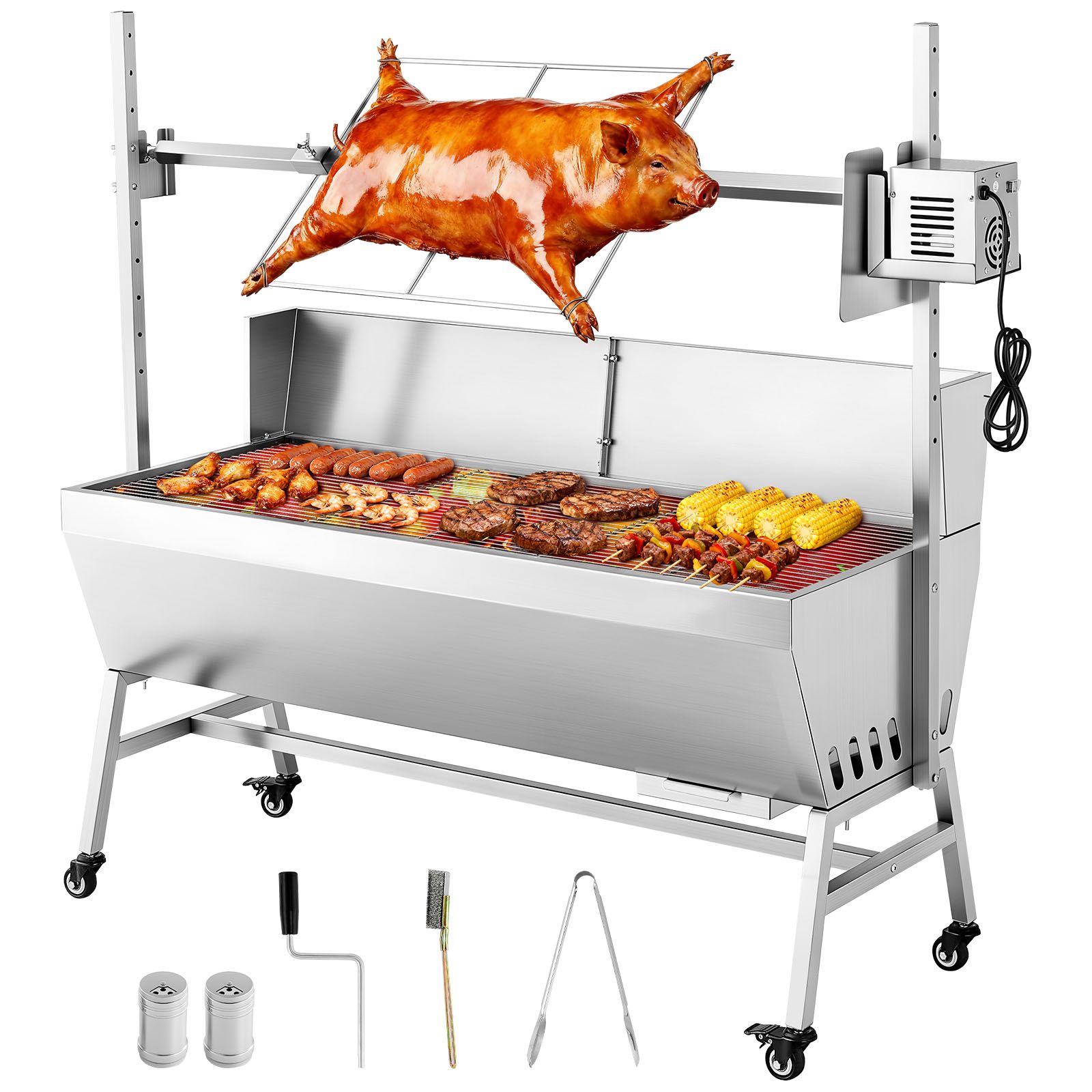 38-w-grillspieß, Lamm- Und Schweinespieß, 60 Kg Tragkraft, Räder Und 4-fach Höhenverstellbar, Edelstahl, Elektrisches Grillspieß-set Für Camping Und Outdoor-aktivitäten