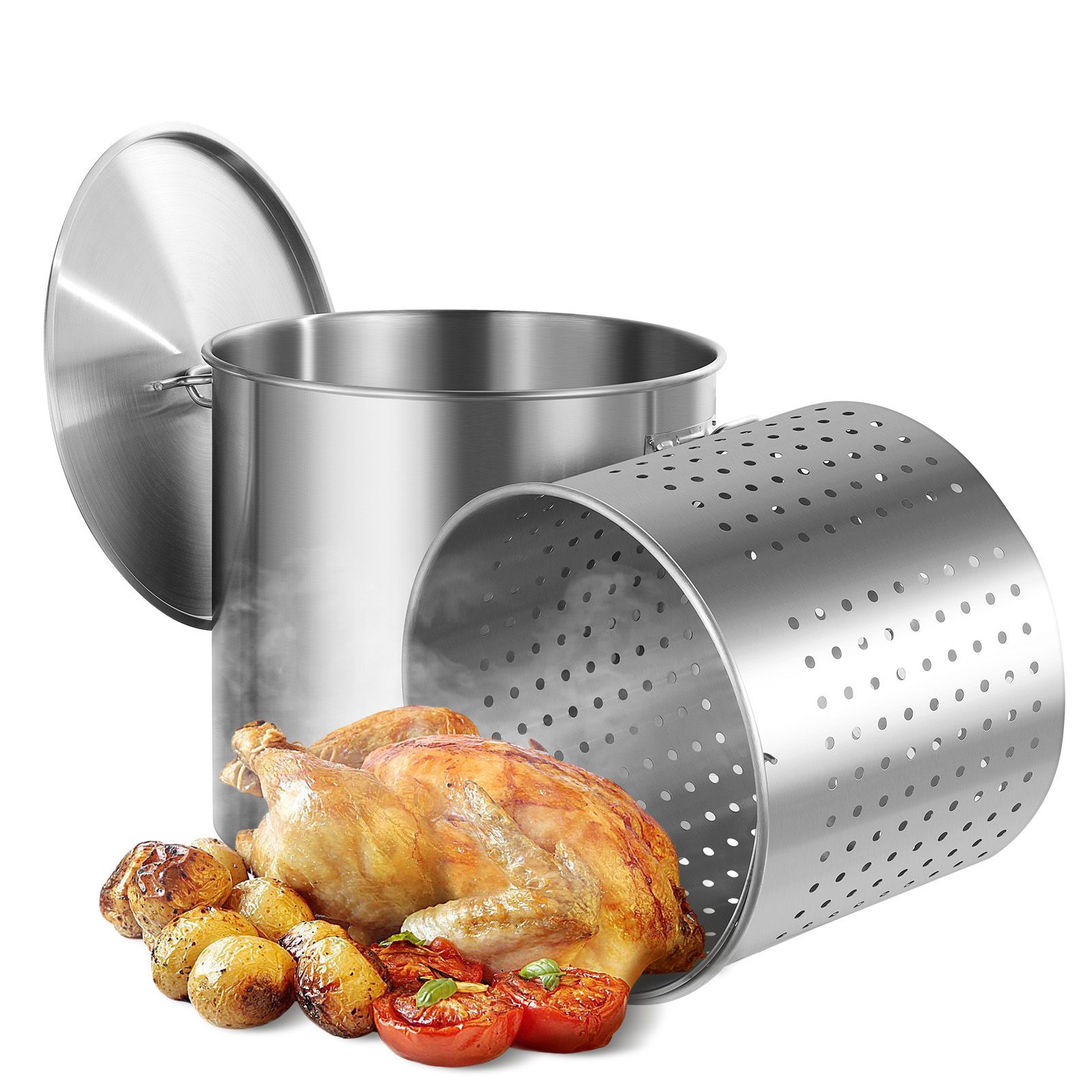 Edelstahl-kochtopf, 100 L, Großer Topf Mit Korb, Deckel Und Griffen, Profiqualität, Sandgestrahlte Oberfläche, Für Große Gruppen Und Veranstaltungen, Silberfarben.