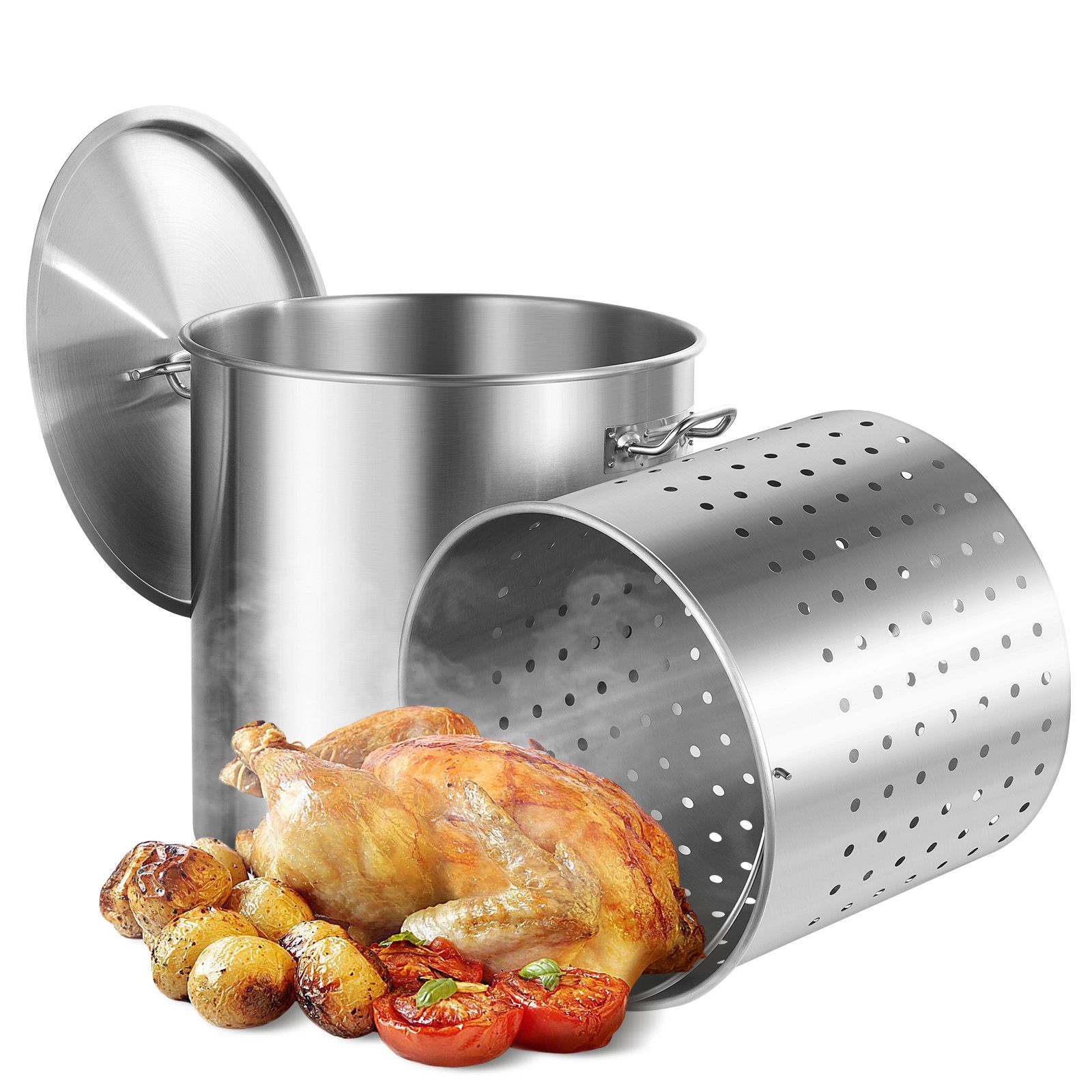 Edelstahl-kochtopf, 84 L, Mit Korb, Deckel Und Griff, Robust Für Den Professionellen Einsatz, Sandgestrahlte Oberfläche, Ideal Für Große Gruppen Und Veranstaltungen.