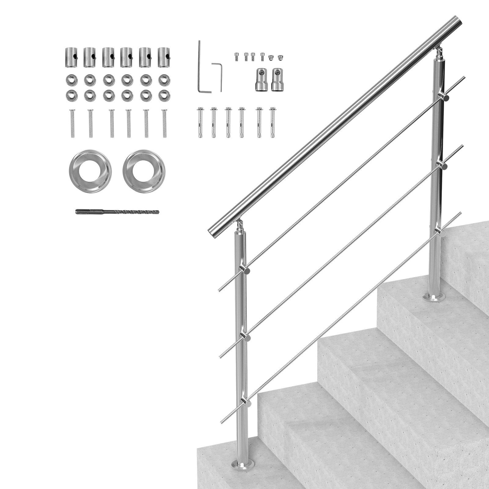 Außentreppengeländer, 120 Cm, 3-stöckig, Edelstahl-handlaufset, Doppelsäule, Für Senioren, Terrasse Und Veranda.