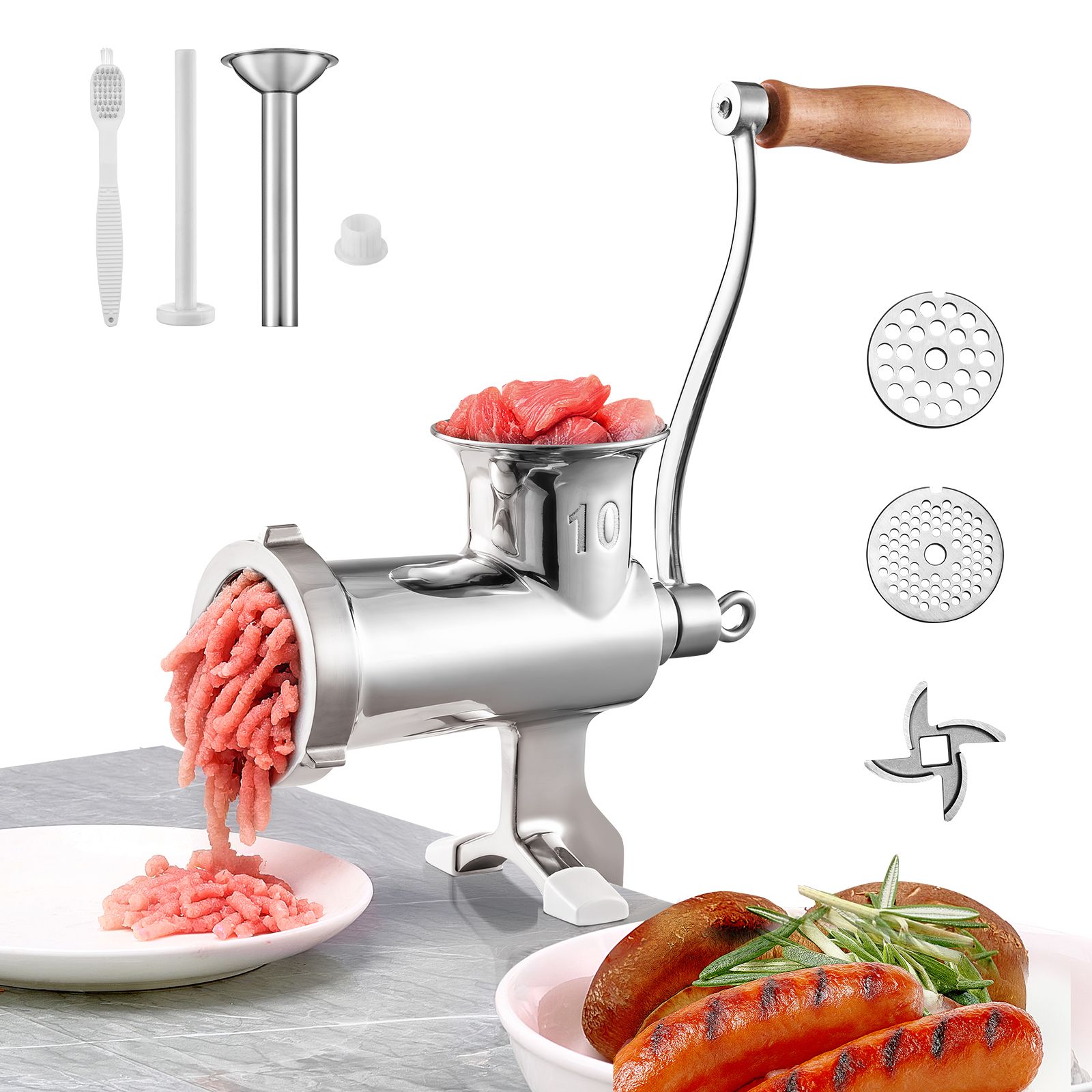Manueller Fleischwolf Aus Edelstahl 304, Mit Tischklemme, 1 Messer, 2 Rosten Und Wurstrohr Für Rindfleisch, Schweinefleisch, Paprika Und Champignons.