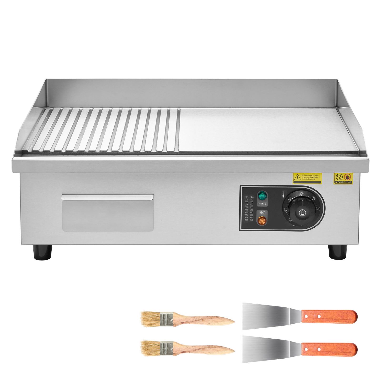 Professionelle Elektrische Grillplatte 535x300 Mm, 3200 W, Einstellbare Temperatur 50-300 °c, Edelstahlgehäuse, Halb Gerillte, Halb Glatte Oberfläche, Mit 2 Spateln, 2 Bürsten Und 4 Rutschfesten Pads,