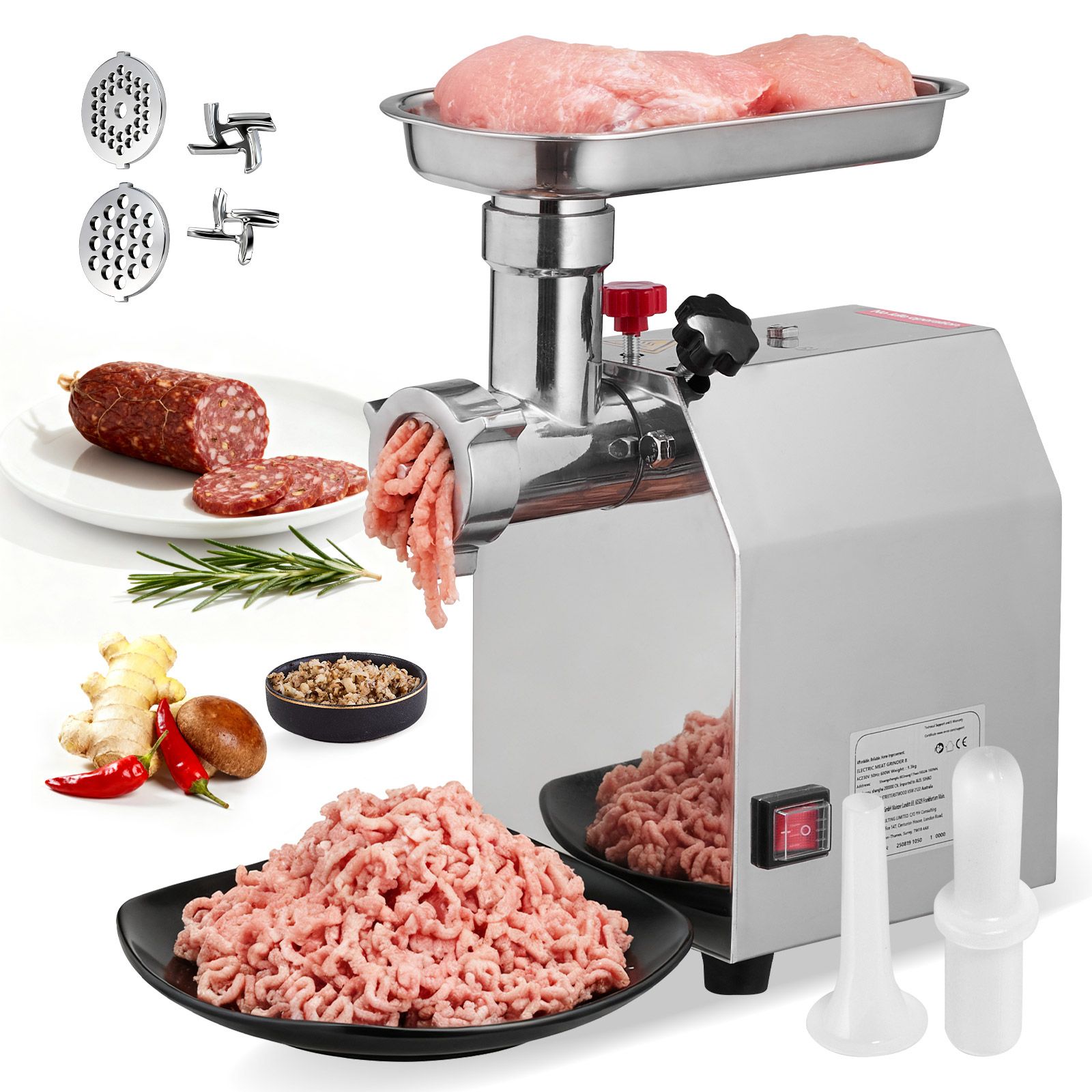 Professioneller Elektrischer Fleischwolf, 600 W, Kapazität 2,27 Kg/min, 2 Edelstahlklingen, 2 Lochscheiben, Für Küche Und Restaurant