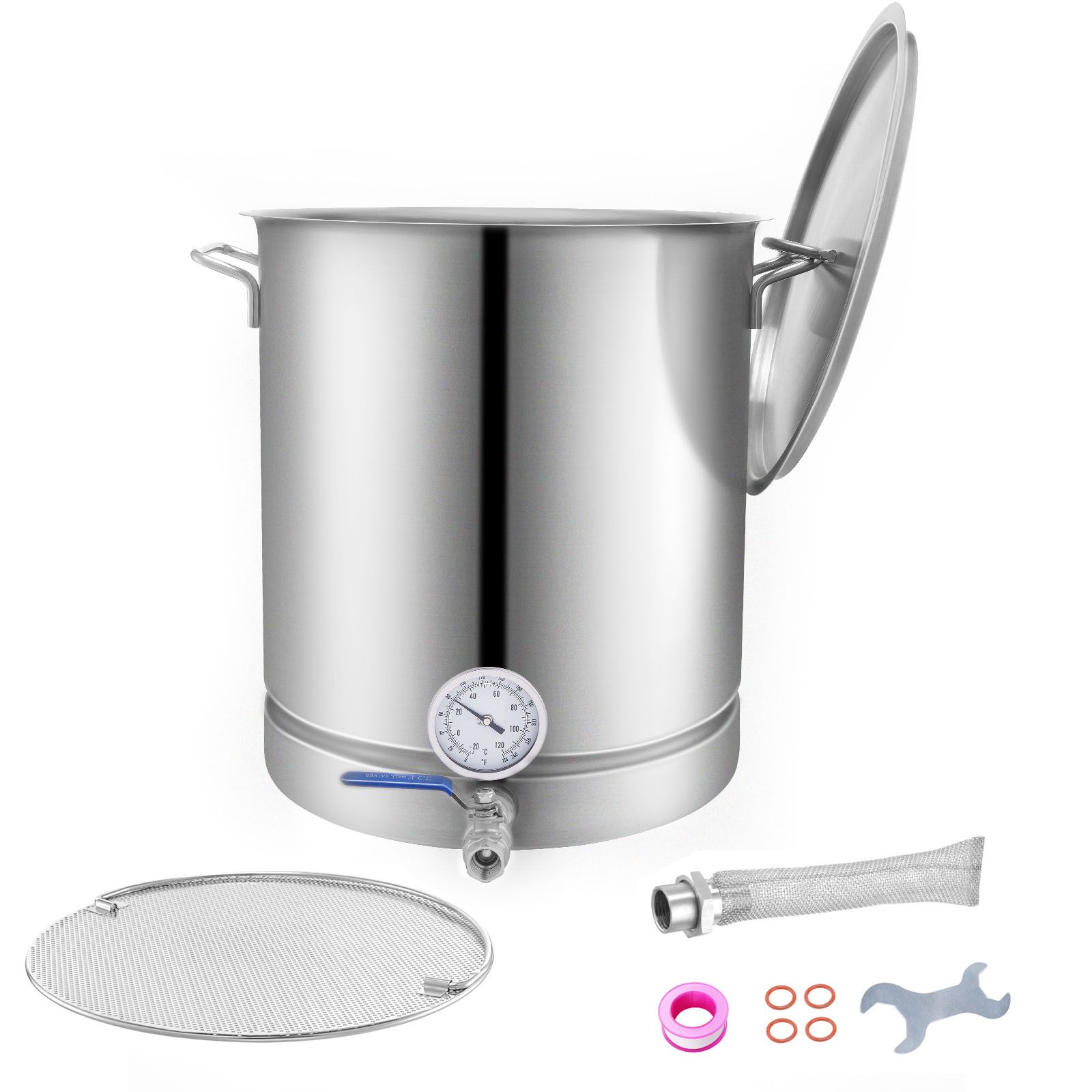 60,6 Liter Edelstahlkessel Mit Dreifachem Boden, Deckel, Griff, Thermometer, Kugelhahn, Filter Und Filtereinsatz Zum Bierbrauen.