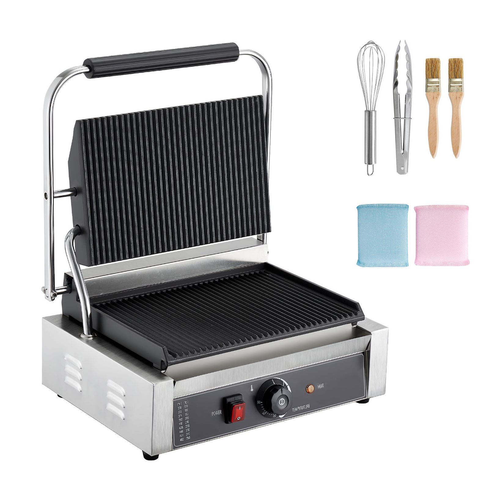 Professioneller 2200-w-panini-grill, Sandwichpresse Aus Edelstahl, 34 X 23 Cm Große Grillplatte Mit Rillen, Temperaturregelung, Integrierter Griff, Für Hackfleisch Und Speck