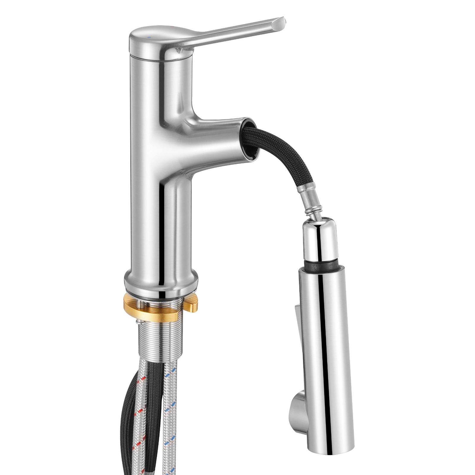 Ausziehbare Einhebel-spültischarmatur, 1 Oder 3 Löcher, Oberfläche Aus Gebürstetem Nickel, Bleifreier Edelstahl, Mit Druckknopf, Ideal Für Badezimmer, Wohnmobile Und Öffentliche Toiletten.
