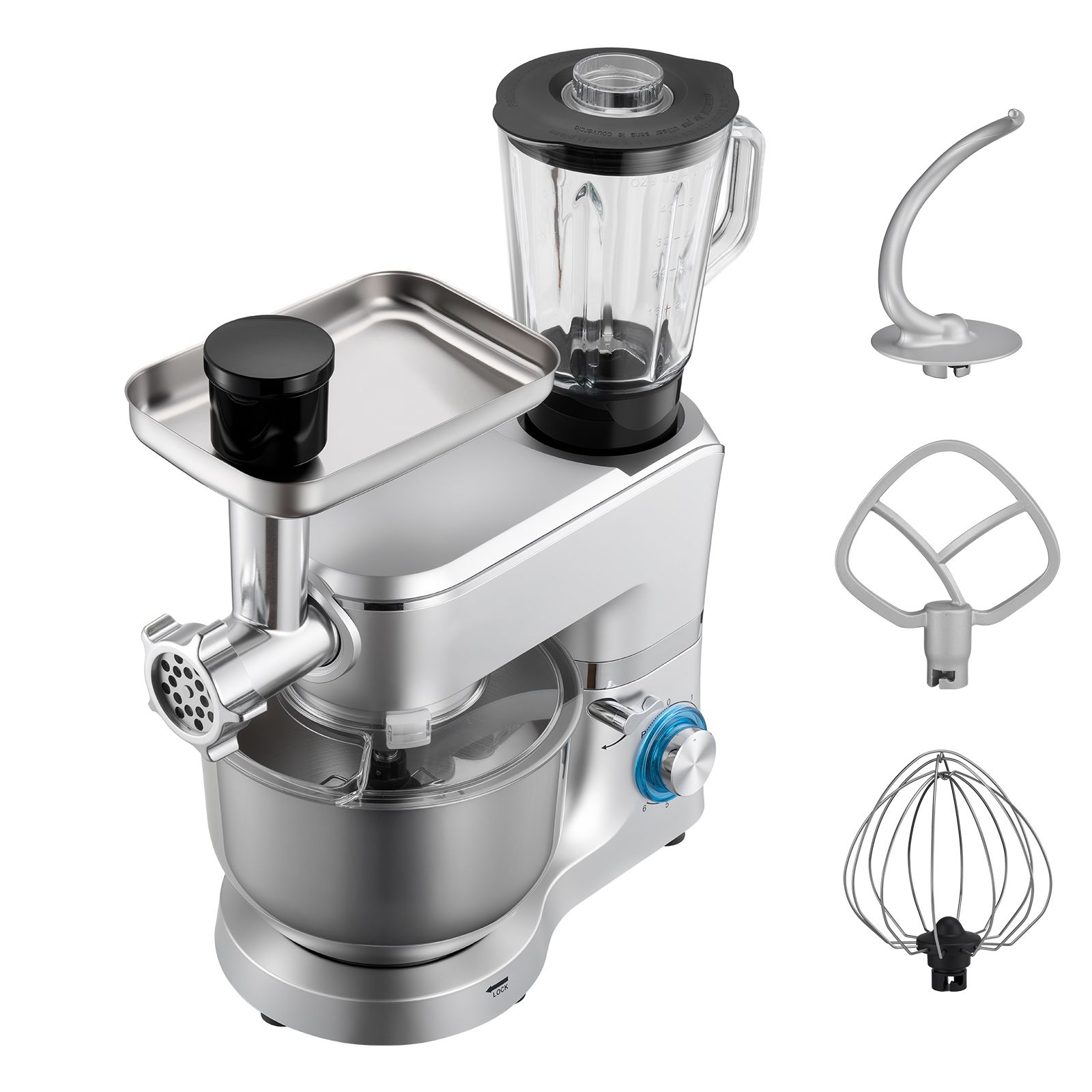Küchenmaschine Mit 6 Litern Fassungsvermögen, 1500 Watt, 6+ Geschwindigkeitsstufen, Edelstahlschüssel, Schneebesen, Knethaken, Rührbesen, Kippbarer Motorkopf, Mit 1,5-liter-mixbehälter