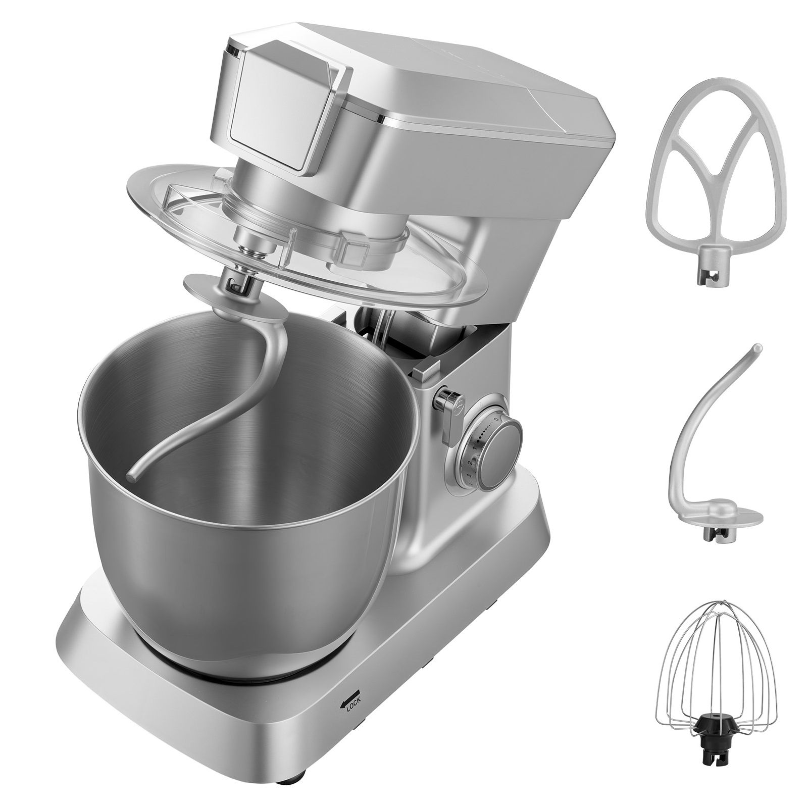 Küchenmaschine Mit 4,3 L Fassungsvermögen, 1300 W Leistung, 6 Geschwindigkeitsstufen + Pulsfunktion, Edelstahlschüssel, Knethaken, Schneebesen, Rührbesen, Mit 1,5 L Mixbehälter, Silberfarben.
