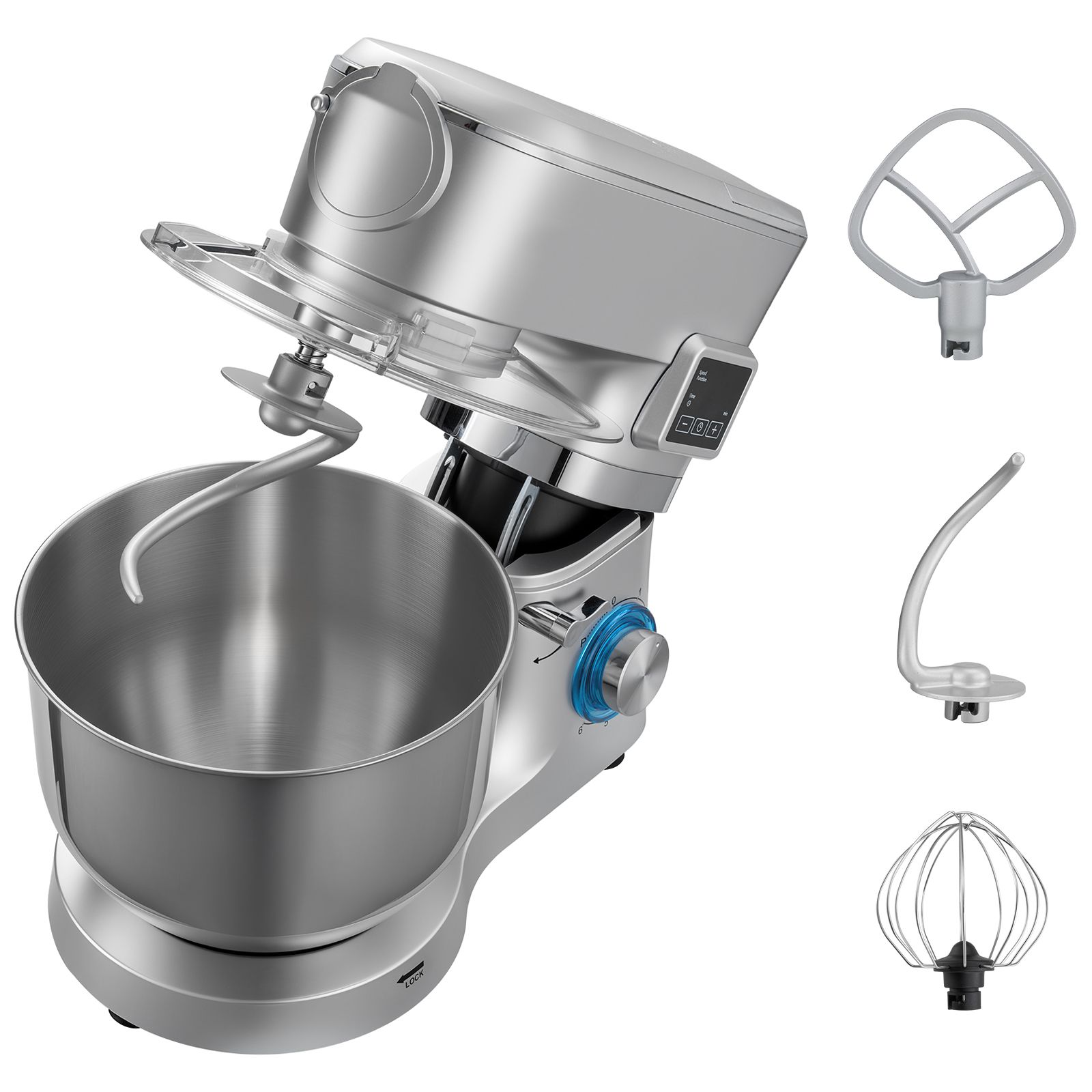 Küchenmaschine Mit 5,7 L Fassungsvermögen, 1500 W Leistung, 6 Geschwindigkeitsstufen + Pulsfunktion, Edelstahlschüssel, Knethaken, Schneebesen, Rührbesen, Mit 1,5 L Mixbehälter, Kippbarem Kopf, Silber