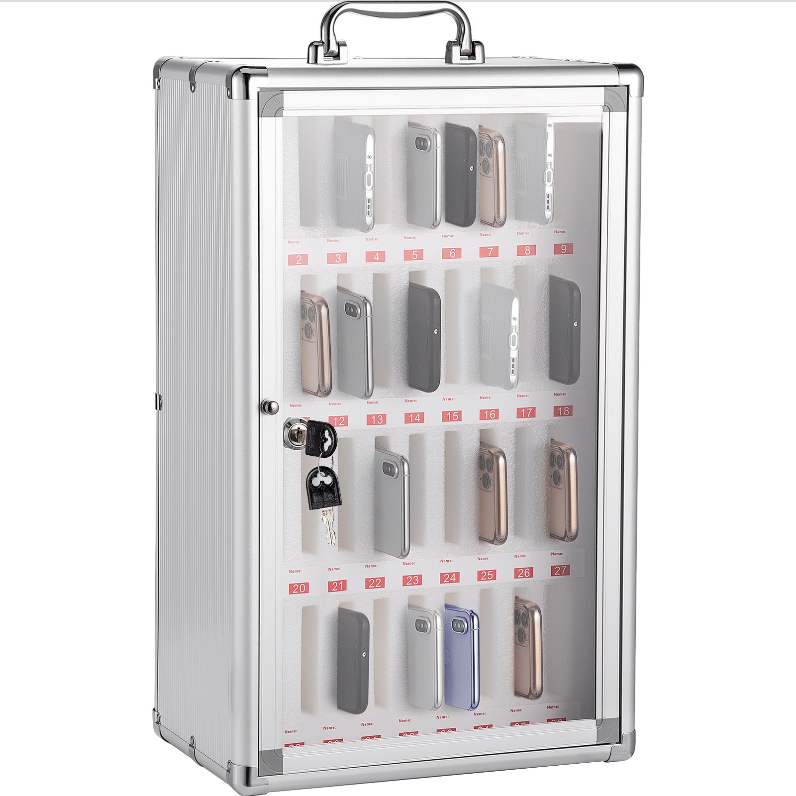 Handyaufbewahrungsschrank, 36 Schließfächer, Aluminium, Mit Griff, Schlüsselschloss Und Handgeschriebenen Etiketten, Zur Wandmontage Für Klassenzimmer, Büro, Turnhalle.