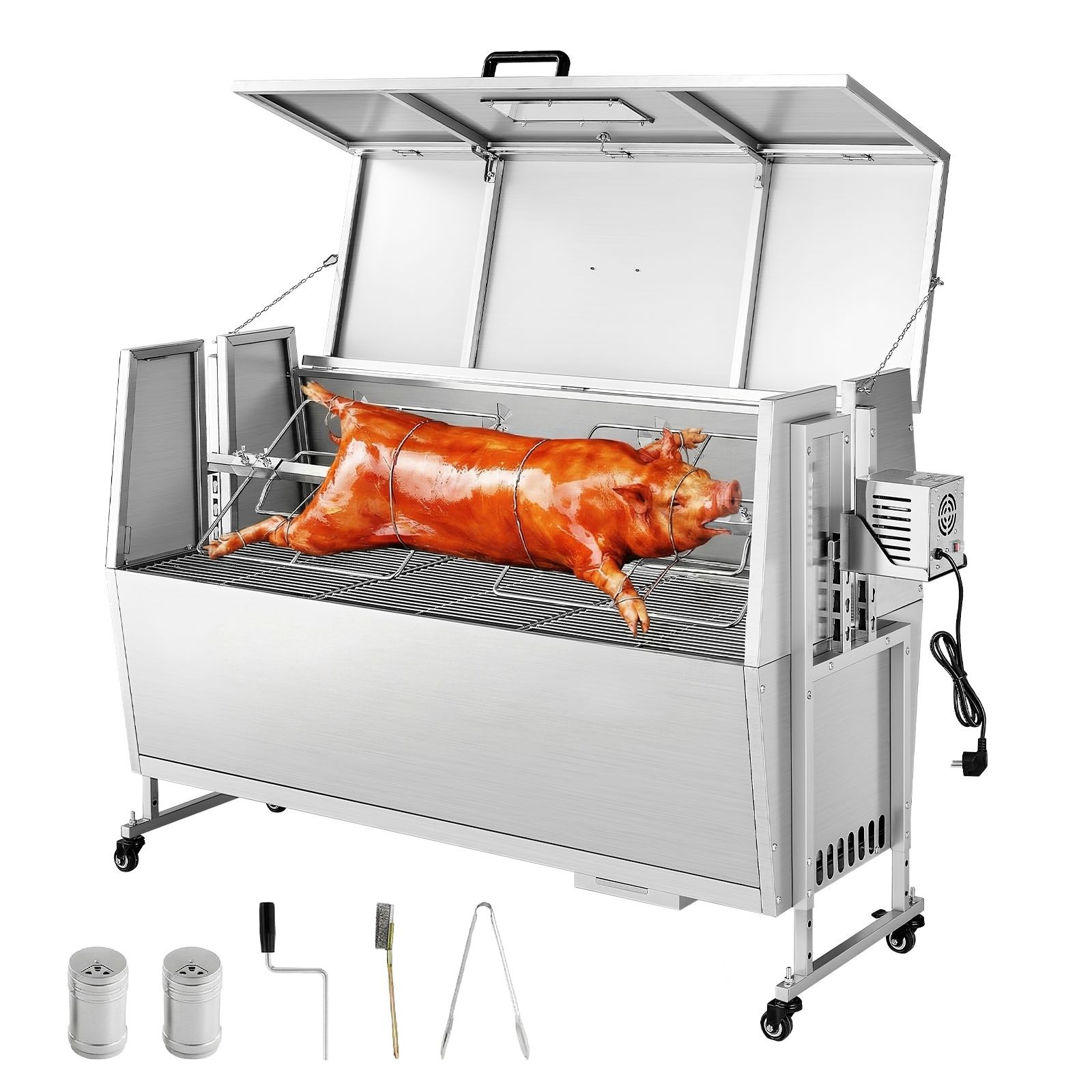 38-watt-grillspieß Für Schweine- Und Lammfleisch, 60 Kg Tragkraft, Räder Und 4 Höhenverstellbare Stufen, Edelstahl, Für Camping Und Gartenpartys
