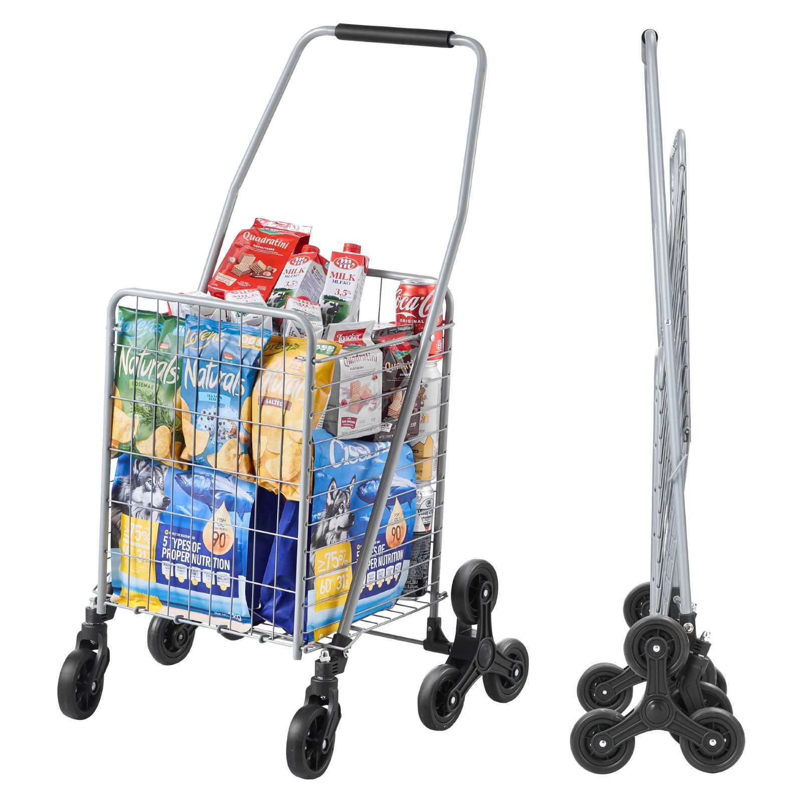 Einkaufswagen, 45 Liter, 360° Drehbare Räder Für Treppen, Leicht Und Faltbar, Silber