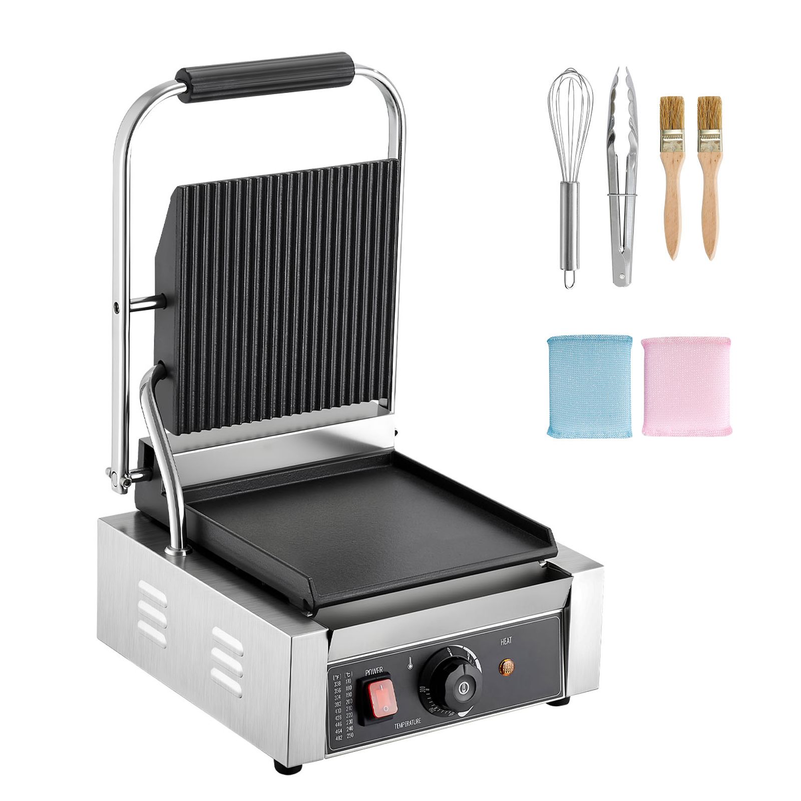 Professioneller 1800w Panini-grill, Sandwichpresse Aus Edelstahl Mit Griff Und Thermostat, 22x23 Cm Flache Emailleplatte, Für Steak, Speck Und Hamburger.