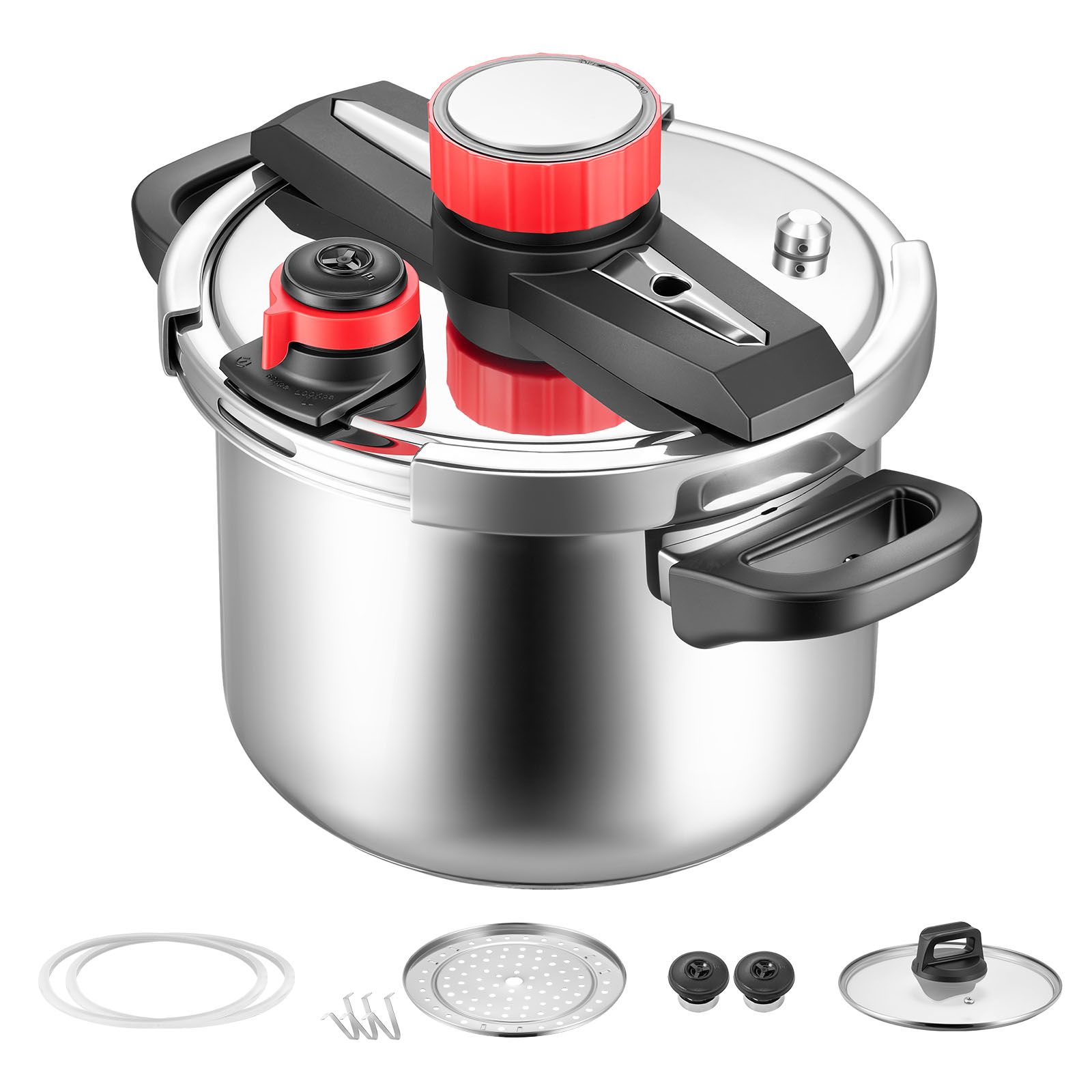 6-liter-edelstahl-schnellkochtopf Mit Dampfeinsatz Und Deckel Aus Gehärtetem Glas. 3 Druckstufen (fleisch, Hülsenfrüchte, Reis, Suppe, Soßen) Bis Zu 100 Kpa.
