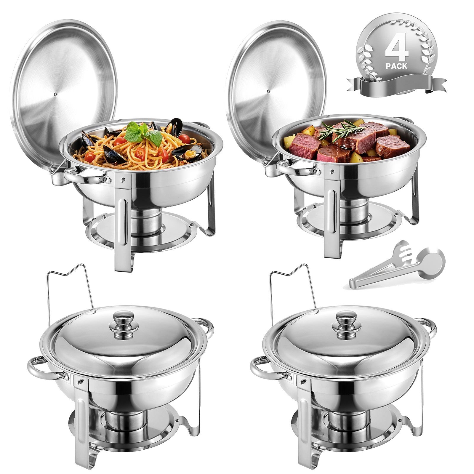 Buffet-speisenwärmer-set (5 L), 4-teilig, Edelstahl, Mit 4 Runden Schalen, Klappständer, Deckel Und Wasserschale, Für Hochzeiten, Empfänge Und Bankette, Silber