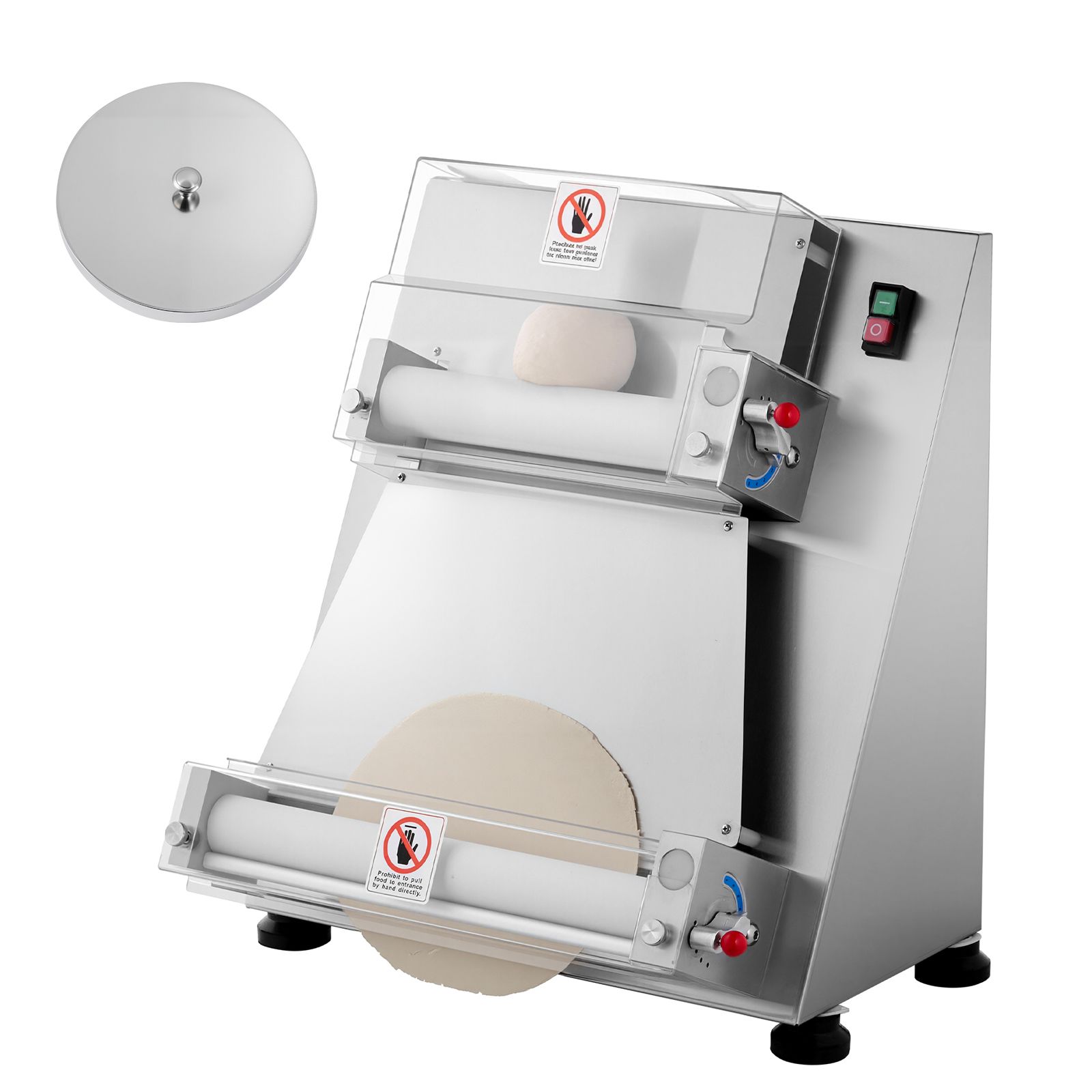 Halbautomatische Pizzateigwalze, 3-16 Zoll, Edelstahl, 390w Elektrisch, 260 Stück/stunde, Einstellbare Dicke, Mit Deckel.