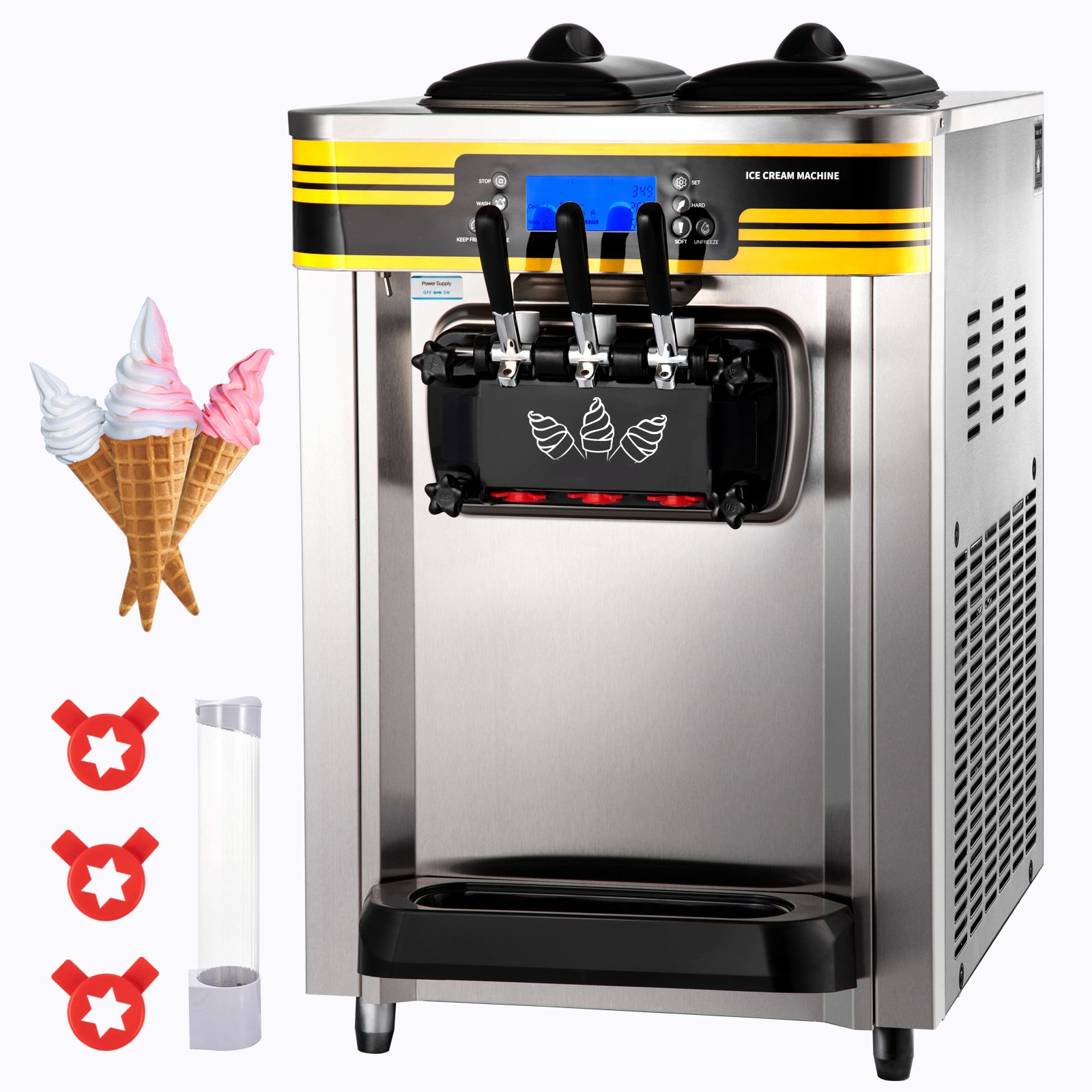 Professionelle Softeismaschine, 22-30 L/h, 2 X 6 L Behälter, 2 L Zylinder, Lcd-panel, Niedrigstandalarm, Für Restaurants Und Imbissstuben, Silberfarben.