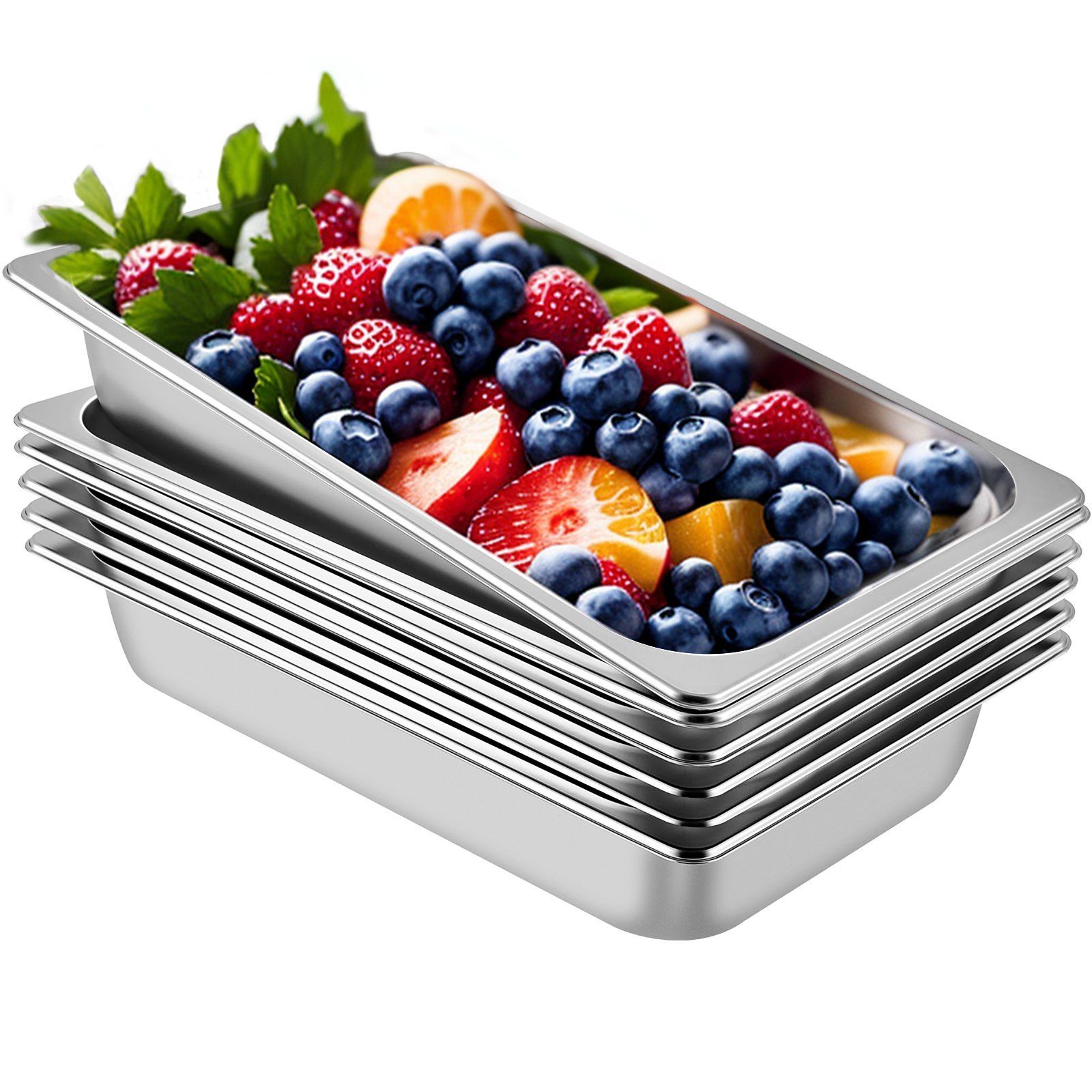 Set Aus 6 Edelstahl-gastro-schüsseln, 20,9 X 12,8 X 3,9 Cm, 13 L Fassungsvermögen, Ofenfest, Antiblockierend, Für Heiße Platten.