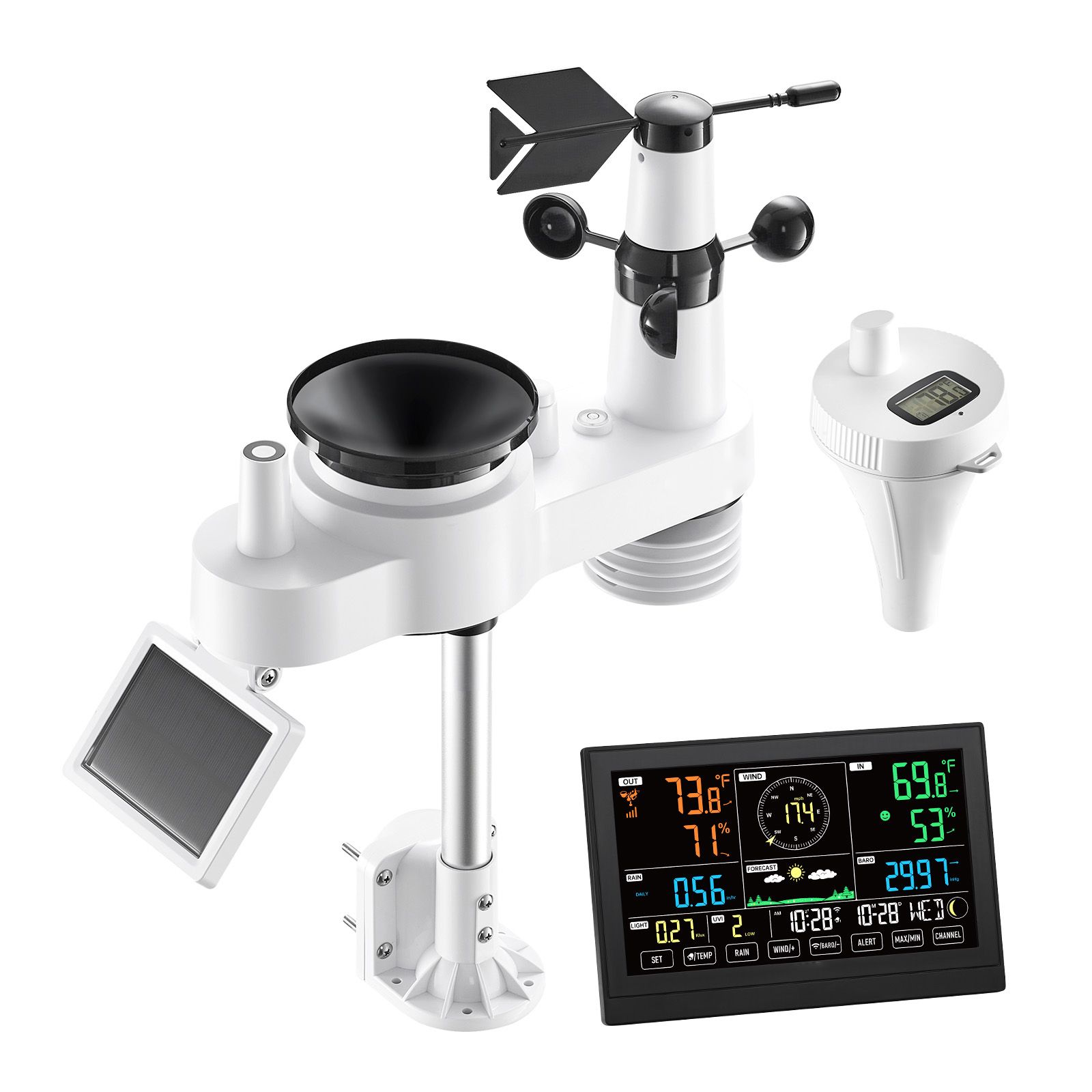 7-in-1-wlan-wetterstation, 190,5-mm-display, Solarsensor Für Den Außenbereich, Poolthermometer, Regenmesser, Wind- Und Temperaturvorhersage