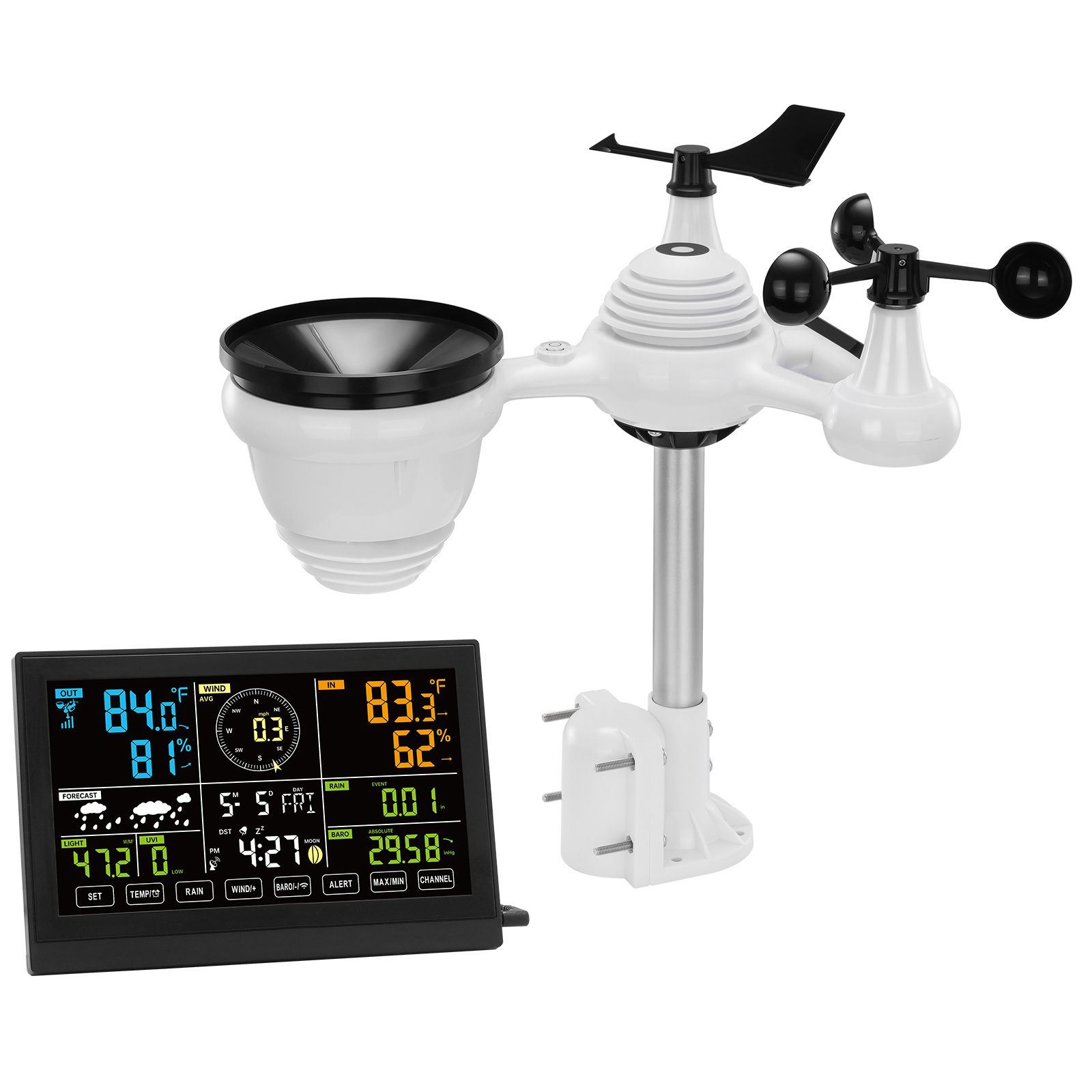 7-in-1-wetterstation Mit Konnektivität, 19-cm-farbdisplay, Innen-/außensensoren (temperatur, Luftfeuchtigkeit, Wind, Regen, Uv-strahlung), Wettervorhersage, Alarm Und Warnmeldungen