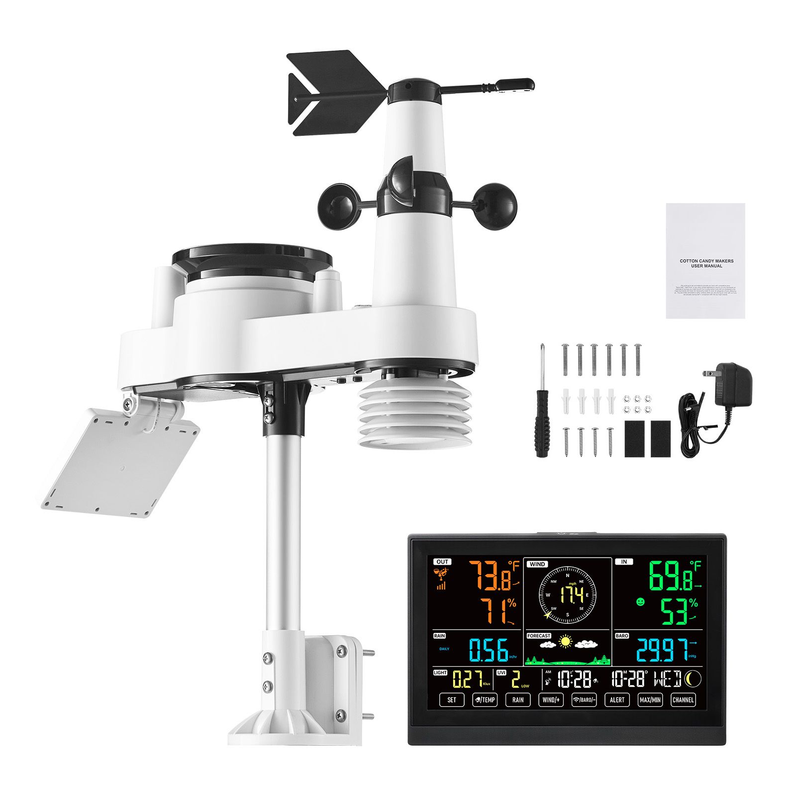 7-in-1-wetterstation, 190,5 Mm Va-display, Solarsensor Für Den Außenbereich, Regenmesser, Wettervorhersage, Temperatur, Luftfeuchtigkeit, Wind (ohne Wlan)