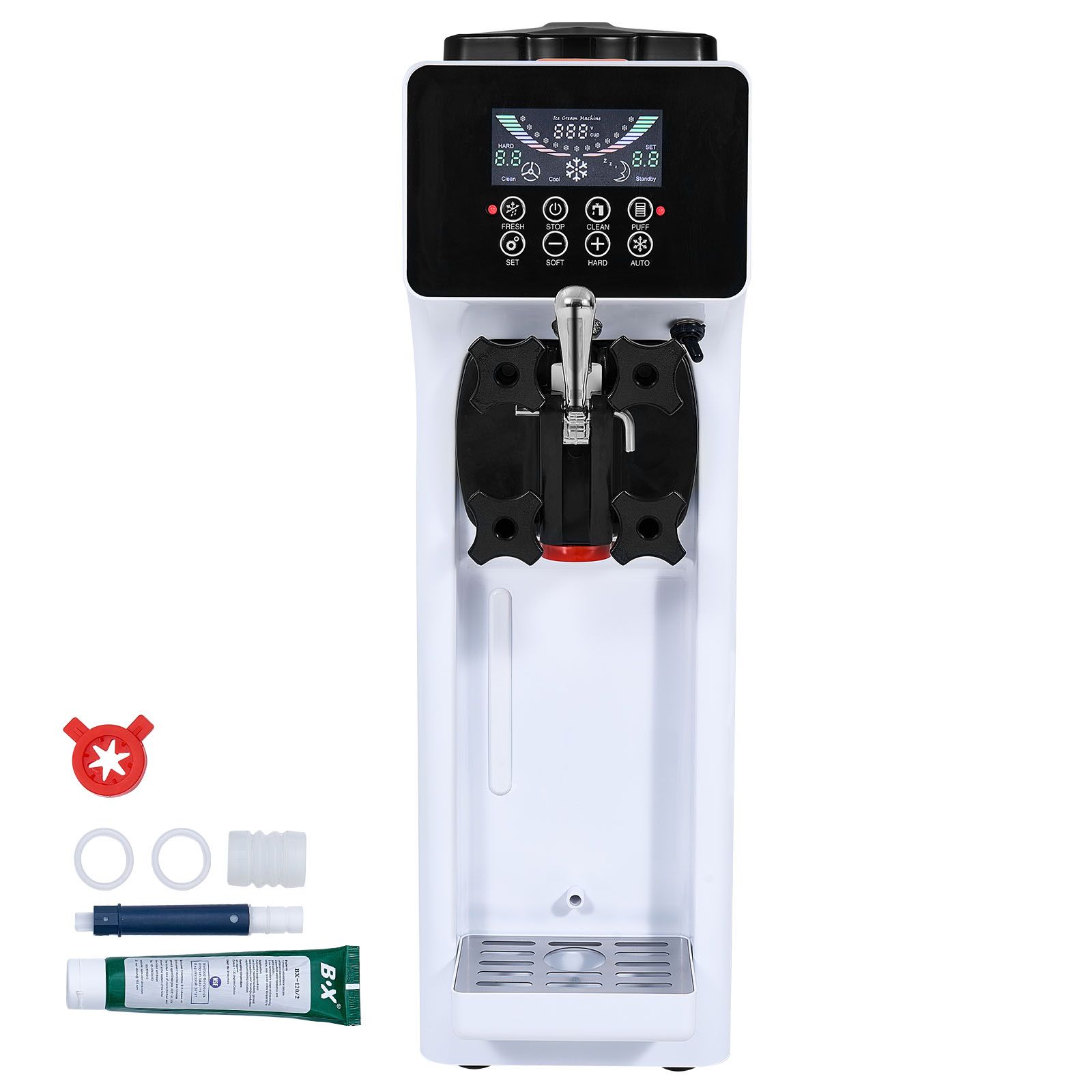 Gewerbliche Softeismaschine, 10 L/h, 900 W, Tischgerät, 1 Geschmacksrichtung, 4-l-behälter, 1,6-l-zylinder, Lcd-anzeigefeld, Selbstreinigung, Vorkühlung, Für Restaurant- Und Snackbars.