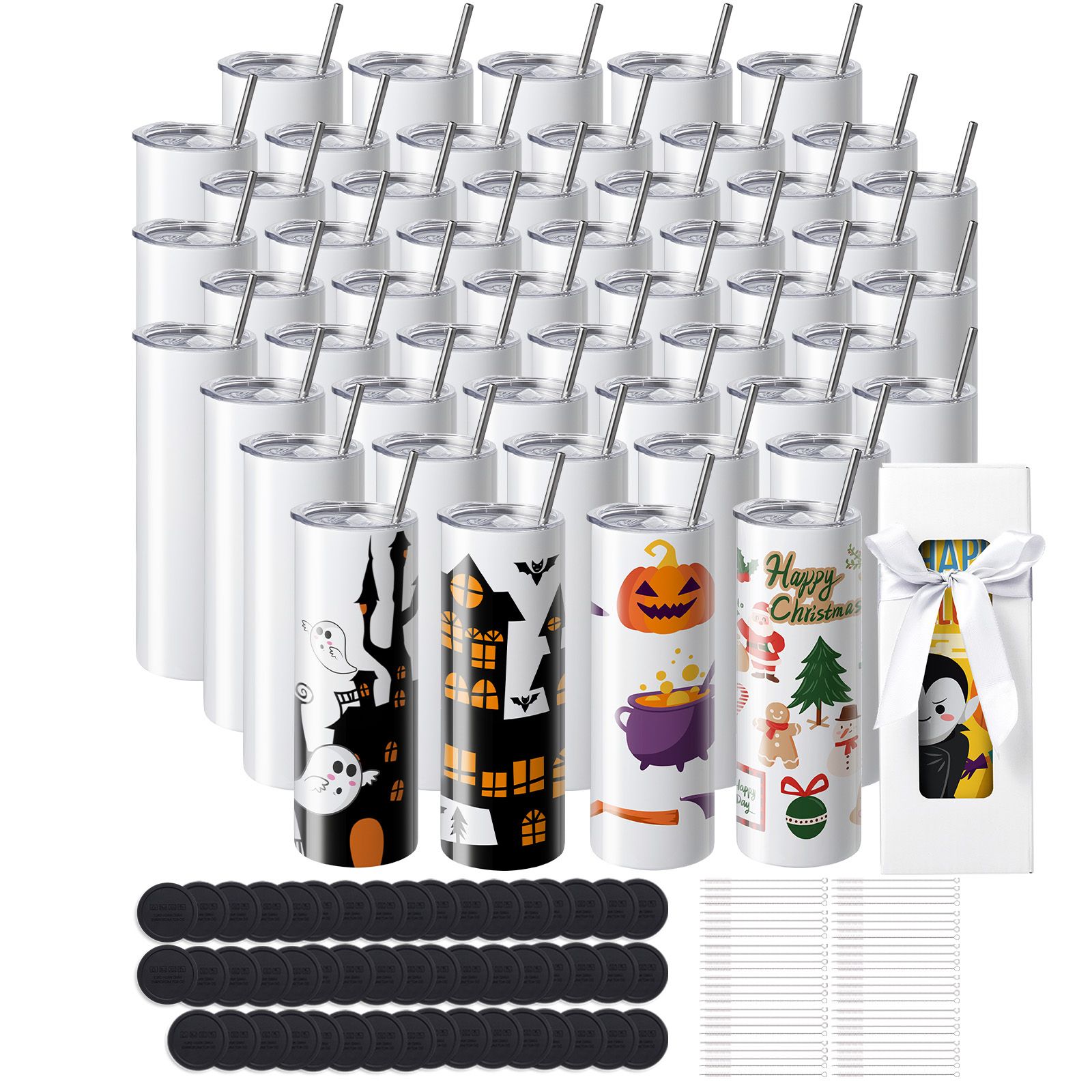 Set Mit 50 Geraden 20-oz-sublimationsbechern, Doppelwandig, Edelstahl, Inklusive Strohhalmen, Deckeln, Bürsten, Unterteilen, Schrumpffolien Und Geschenkboxen