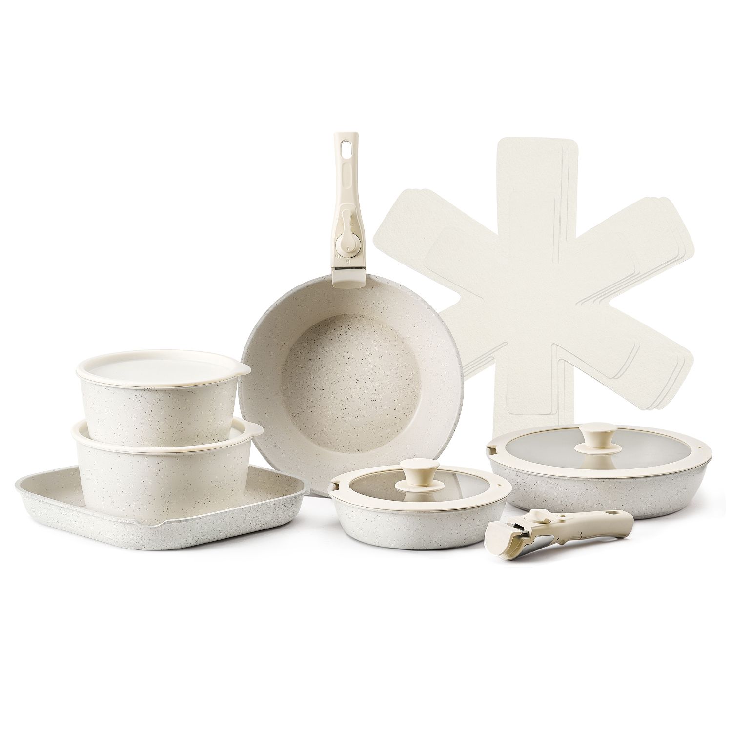 17-teiliges Set Aus Antihaftbeschichteten Töpfen Und Pfannen, Abnehmbarem Griff, Platzsparend, Induktionsgeeignet, Mit Deckeln Aus Gehärtetem Glas, Ofenfest, Weiß.
