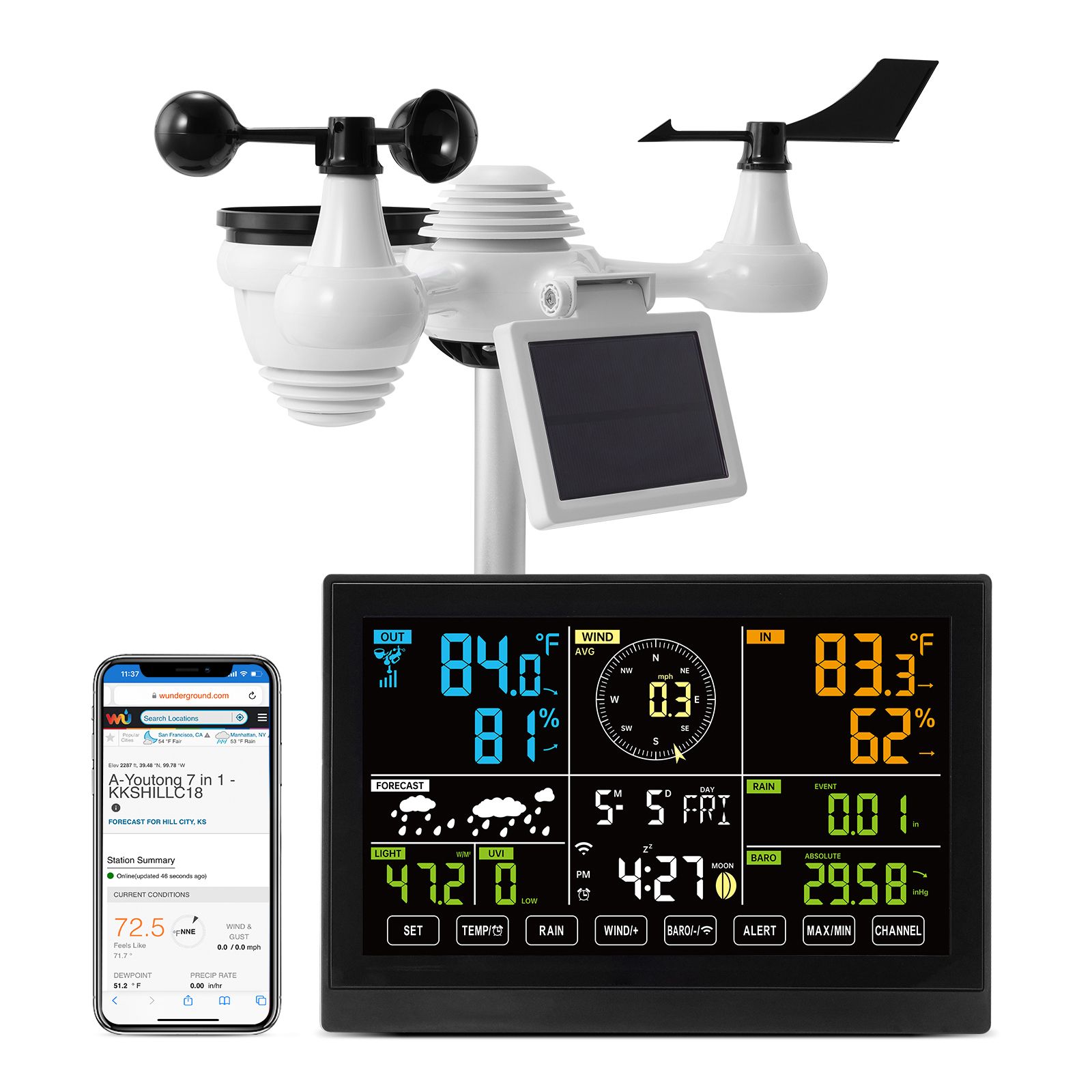 7-in-1 Wi-fi-wetterstation, 19,1 Cm Farbbildschirm, Drahtloser Solarsensor Für Den Außenbereich, Alarmfunktionen, Temperatur-, Feuchtigkeits-, Wind- Und Regenanzeige.