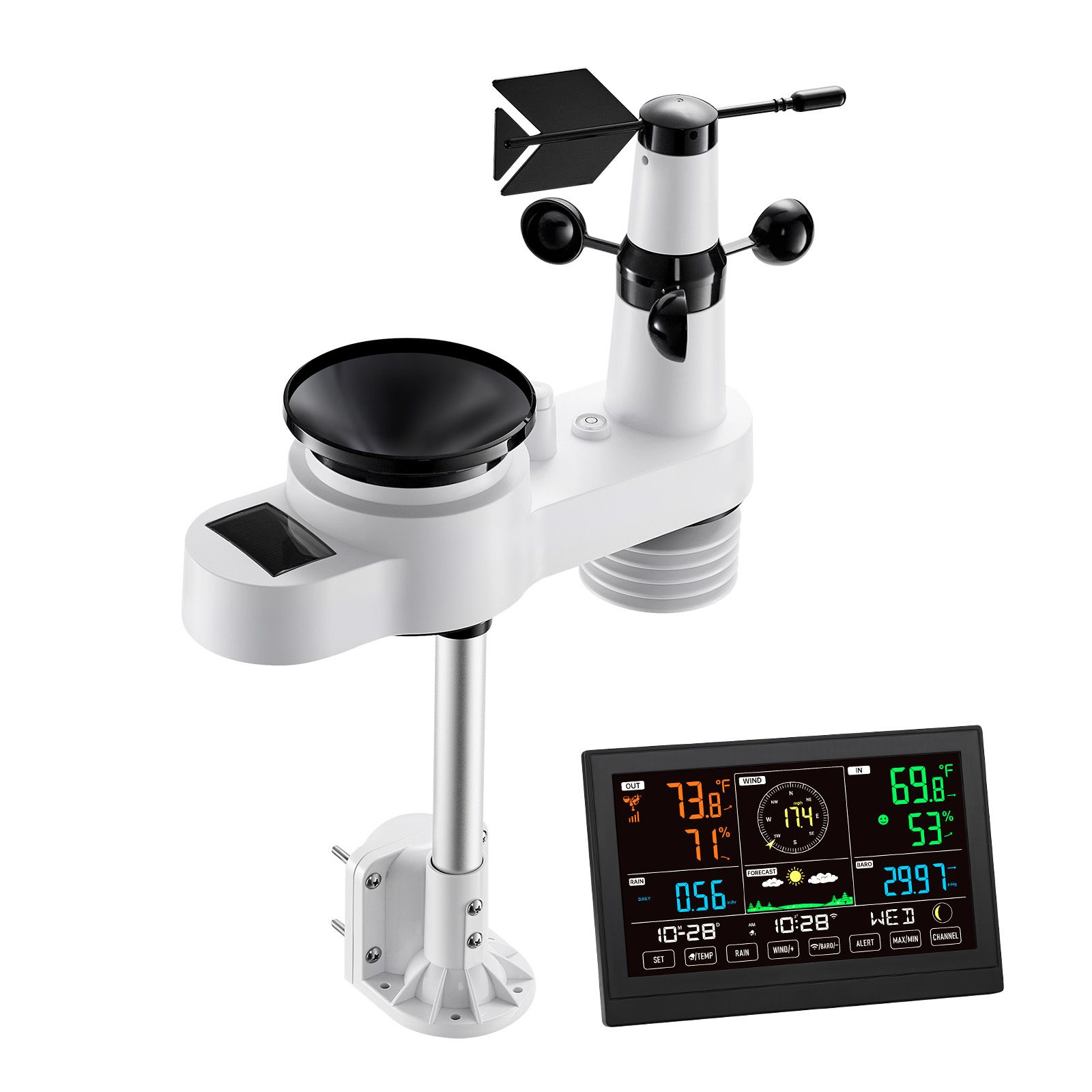 5-in-1-wlan-wetterstation, 190,5 Mm Va-display, Drahtloser Solarsensor Für Den Außenbereich, Regenmesser, Wettervorhersage, Wind-, Temperatur- Und Luftfeuchtigkeitsanzeige