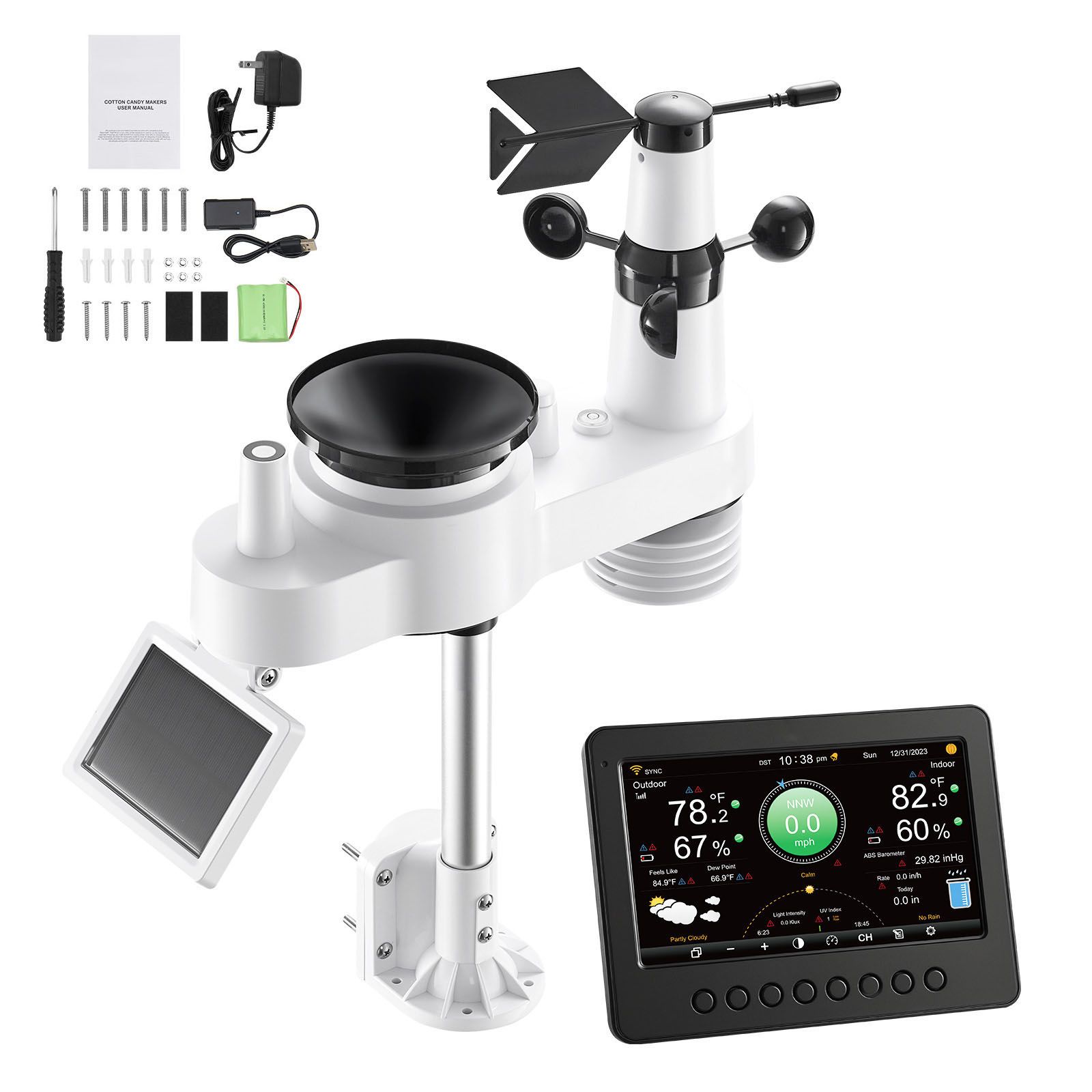7-in-1-wlan-wetterstation, 177,8 Mm Tft-display, Drahtloser Solarsensor Für Den Außenbereich, Regenmesser, Wettervorhersage, Windgeschwindigkeit Und -richtung, Temperatur, Luftfeuchtigkeit