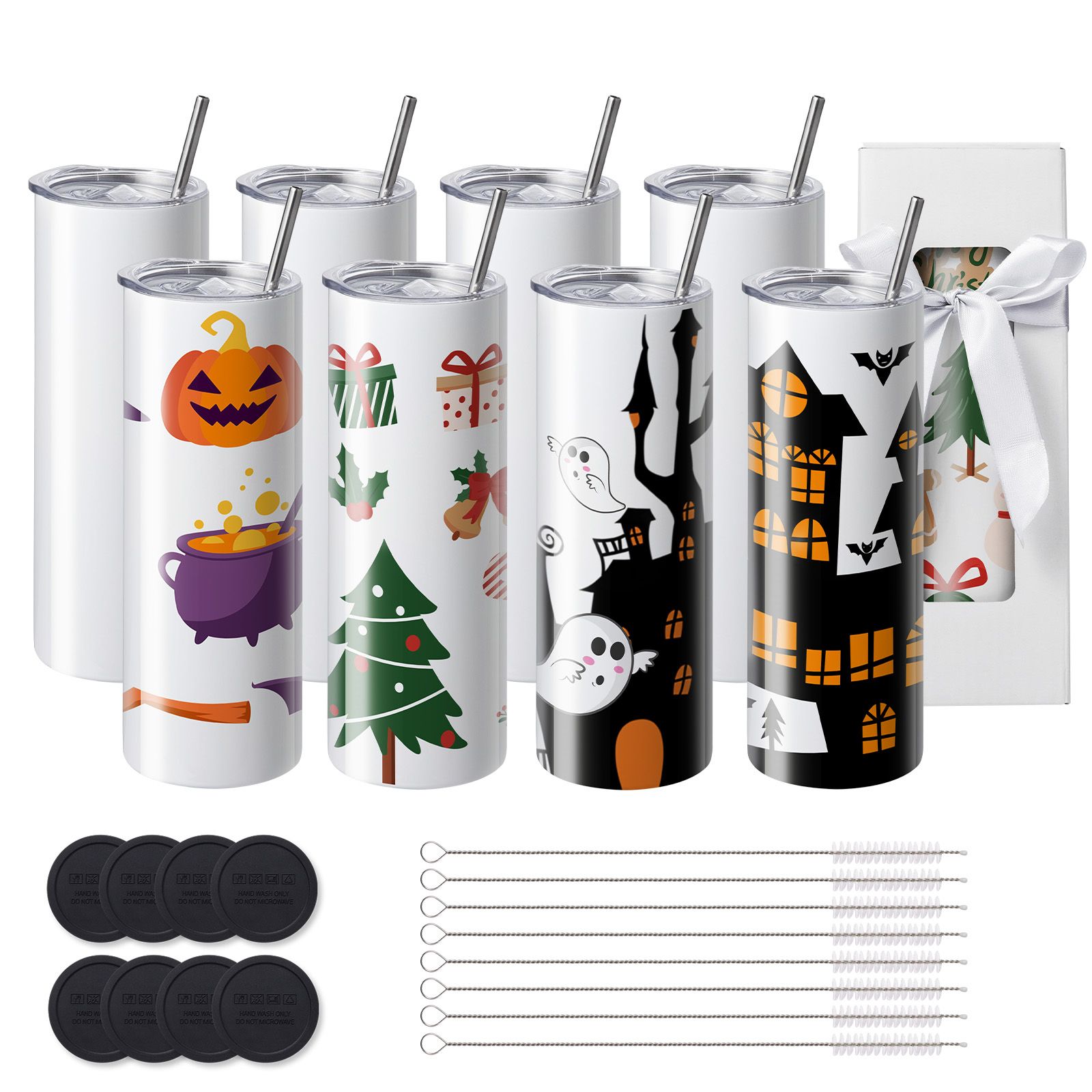 Sublimationsset Mit 8 Edelstahlbechern, 591,5 Ml, Doppelwandig, Mit Strohhalmen, Deckeln, Reinigungsbürste, Geschenkverpackung, Für Die Transferpresse