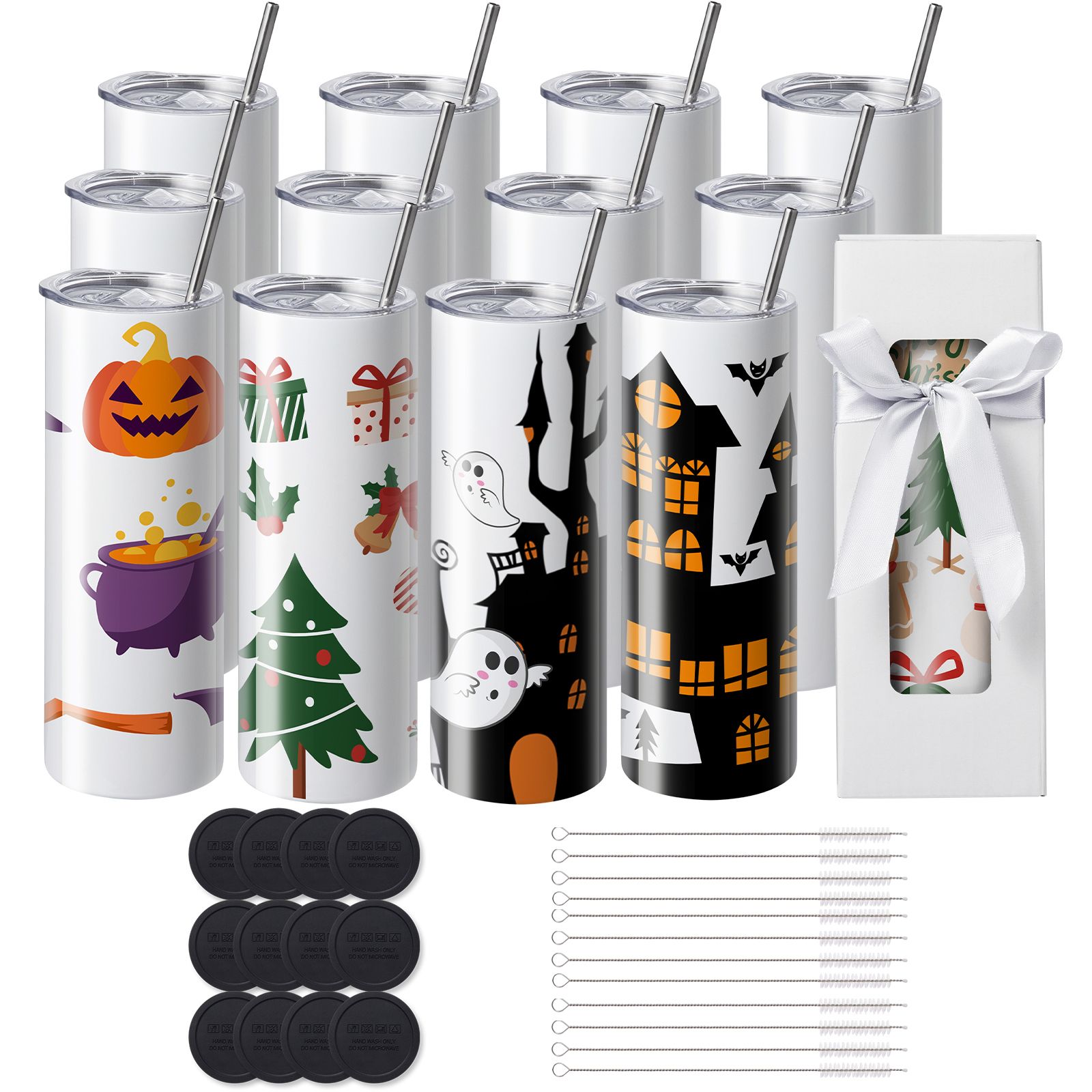 12-teiliges Sublimationsbecher-set, 591,5 Ml, Doppelwandiger Edelstahl, Gläser Mit Strohhalmen, Deckel, Bürste, Boden, Schrumpffolie, Geschenkbox, Für Transferpresse