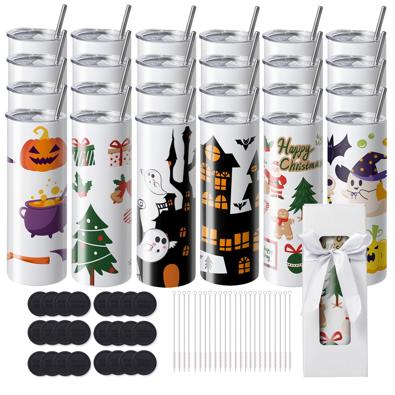 Set Mit 24 Sublimationsbechern, 591,5 Ml, Doppelwandiger Edelstahl, Mit Strohhalmen, Deckeln, Pinseln, Geschenkverpackung, Für Heißpressen