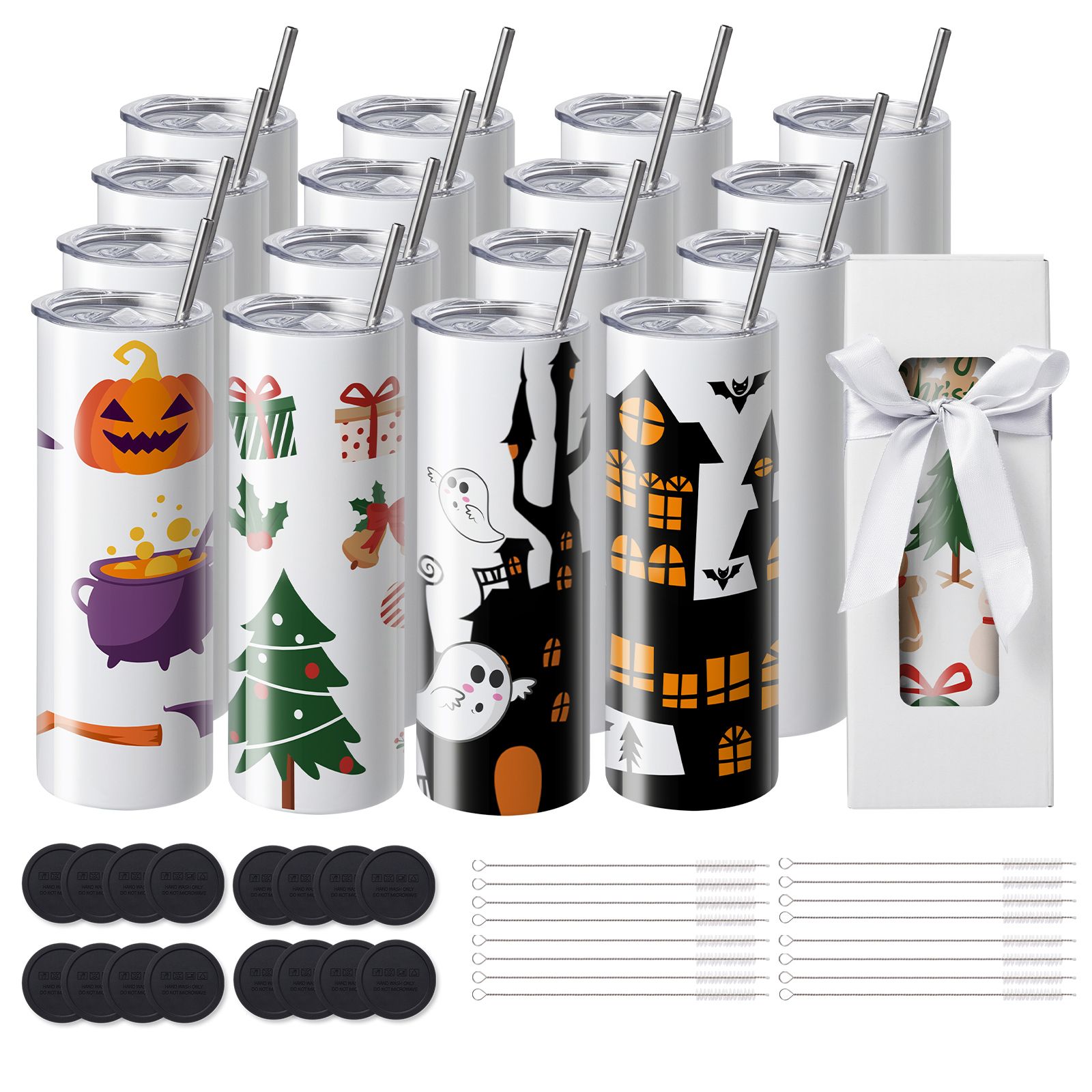 Set Aus 16 Sublimationsbechern (20 Oz), Doppelwandig, Edelstahl, Mit Strohhalmen, Deckeln, Bürsten, Unterteilen, Schrumpffolien Und Geschenkboxen, Für Die Heißpresse.