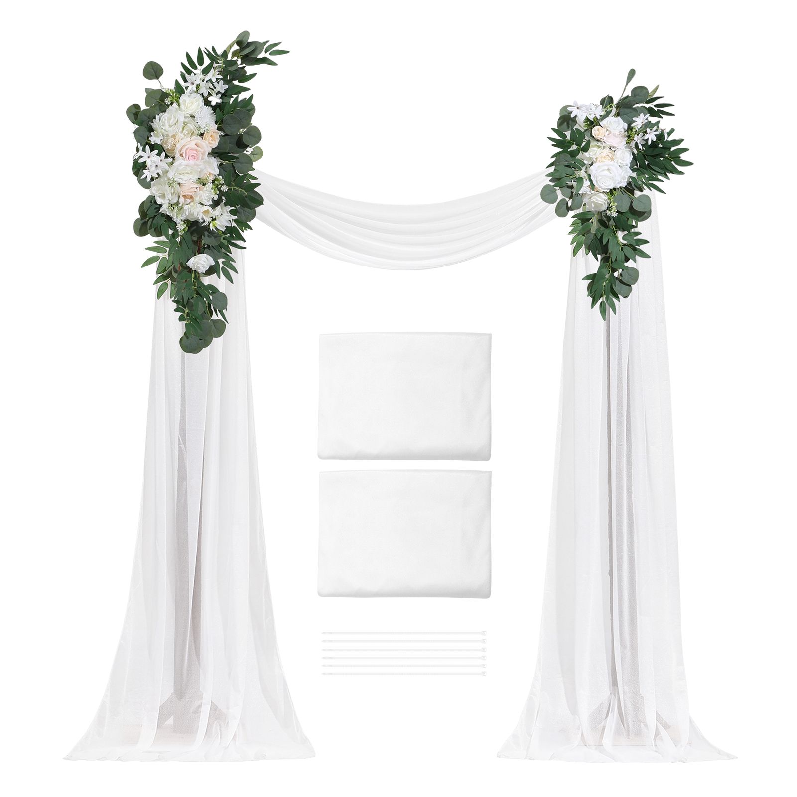 Weißes Hochzeitsbogen-blumen-set Mit Vorhängen (4-teilig) – 2 Blumenarrangements, 2 Transparente Vorhänge, Zur Dekoration Von Zeremonie Und Empfang