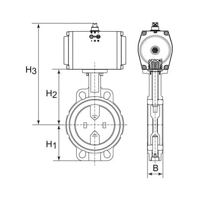 Zwischenflansch-Absperrklappe, pneumatischer Stellantrieb doppeltwirkend DN 65