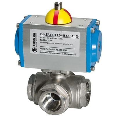 Edelstahlkugelhahn, pneumat. Stellantrieb, T-Bohrung T1, Rp 2