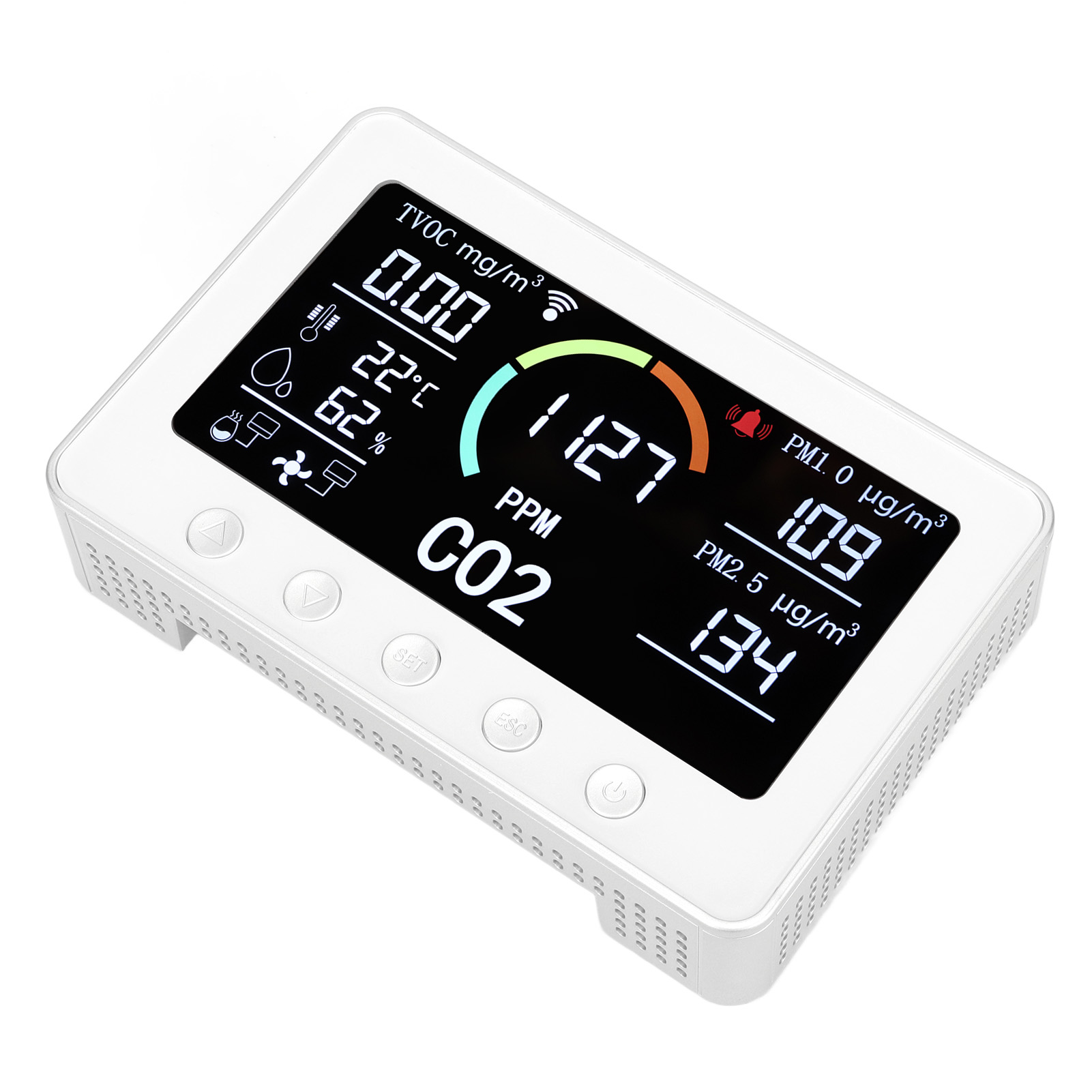 Luftqualitätsmessgerät Mit Co2-, Tvoc-, Pm2,5- Und Pm1,0-messung Sowie Temperaturanzeige, 7-zoll-display, Silbernes Gehäuse, Eu-stecker, 100–240 V Wechselstrom.
